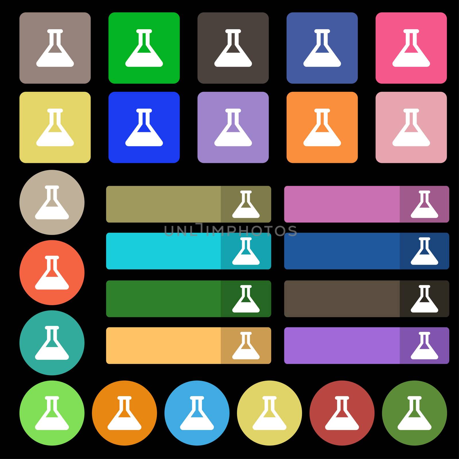 Conical Flask icon sign. Set from twenty seven multicolored flat buttons.  by serhii_lohvyniuk