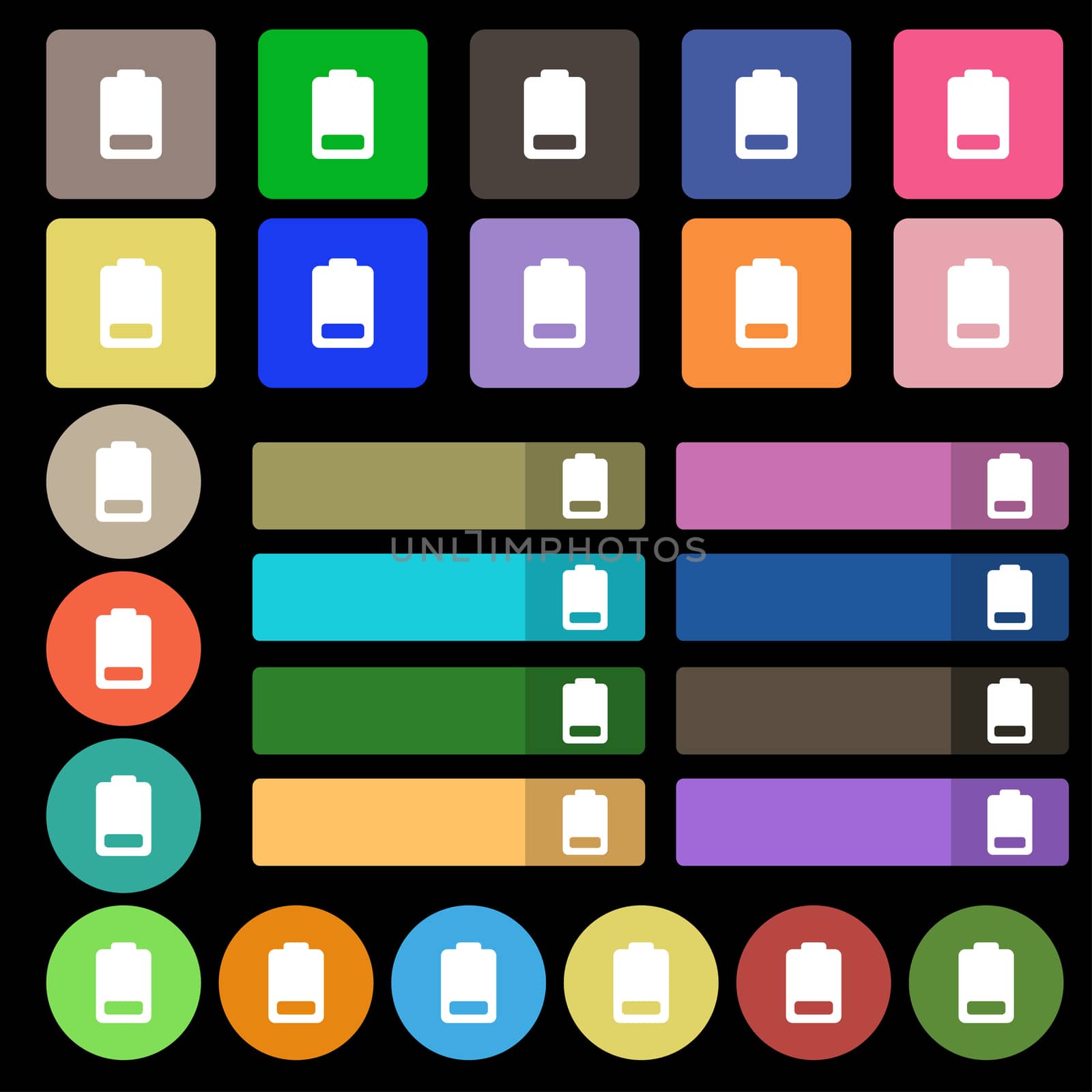 Battery low level, Electricity icon sign. Set from twenty seven multicolored flat buttons. illustration