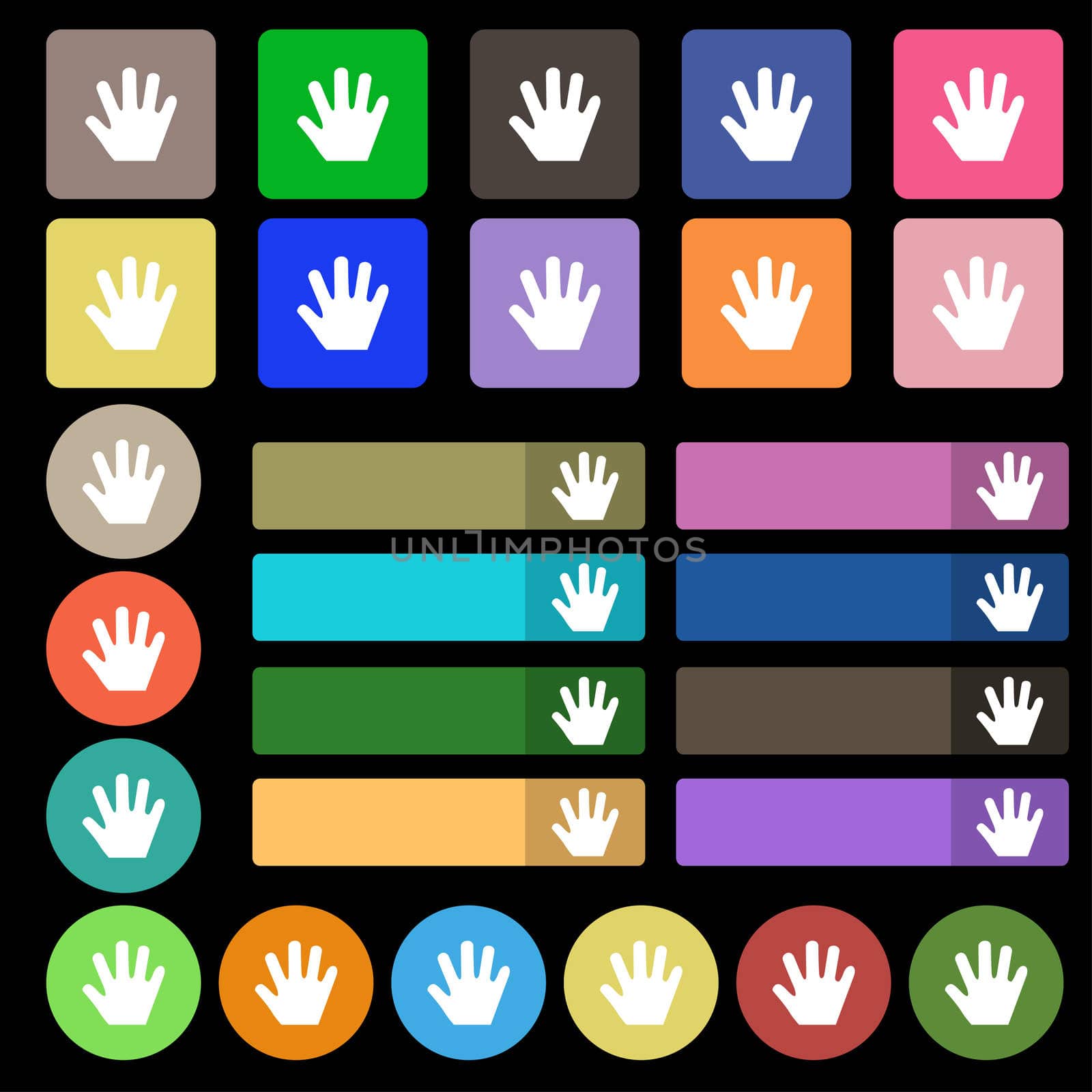 Hand icon sign. Set from twenty seven multicolored flat buttons.  by serhii_lohvyniuk