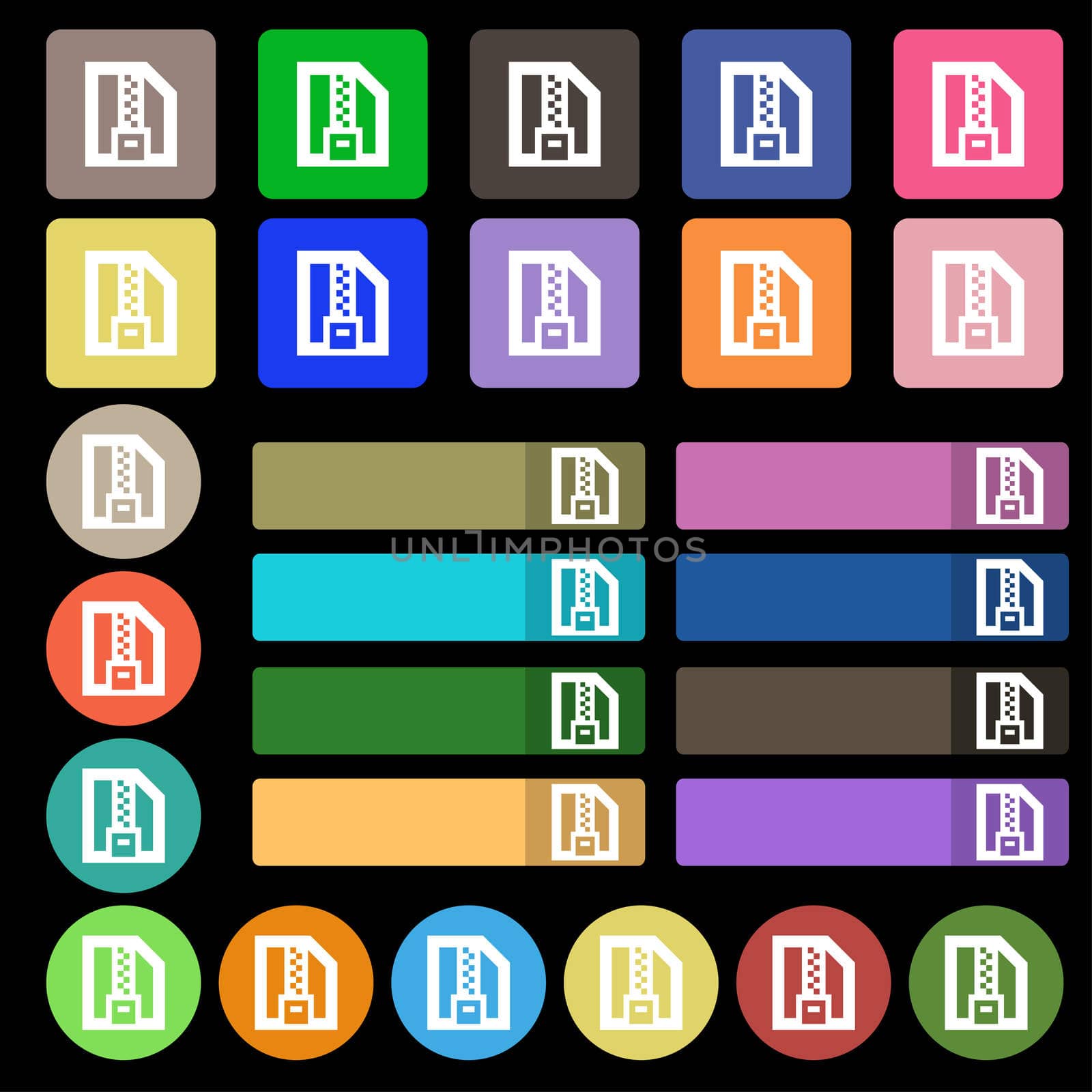 Archive file, Download compressed, ZIP zipped icon sign. Set from twenty seven multicolored flat buttons. illustration