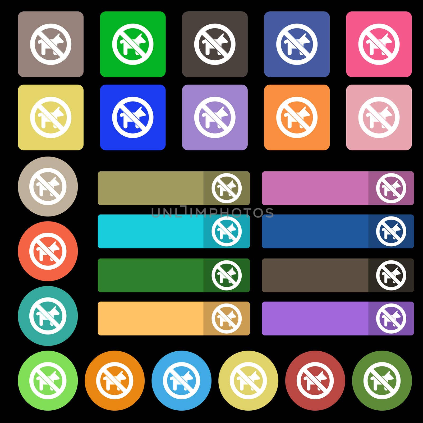 dog walking is prohibited icon sign. Set from twenty seven multicolored flat buttons. illustration