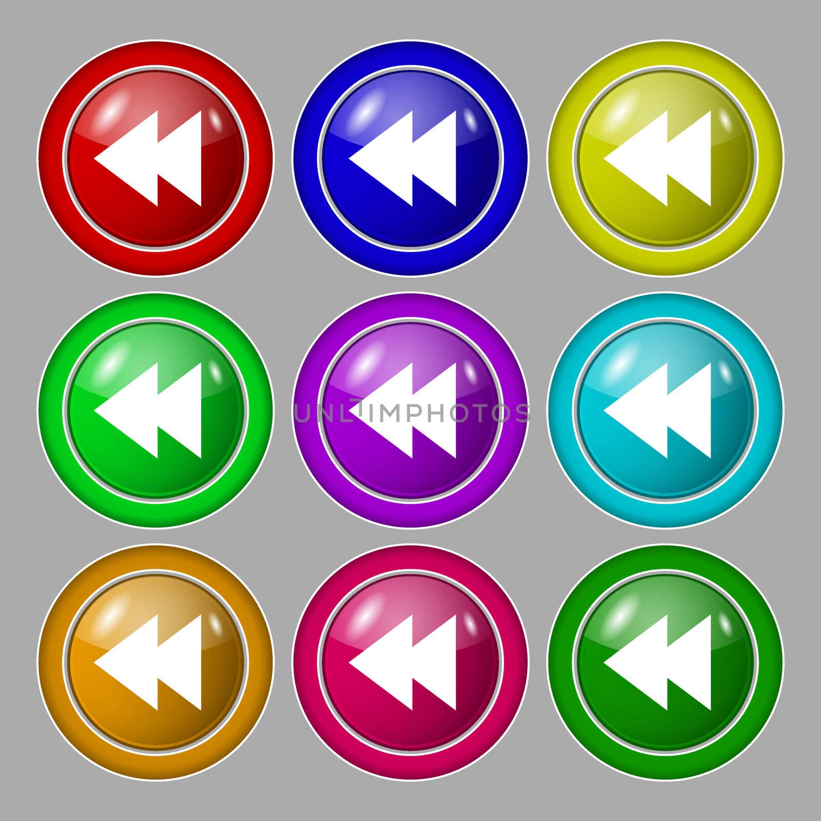 multimedia sign icon. Player navigation symbol. Symbol on nine round colourful buttons. illustration