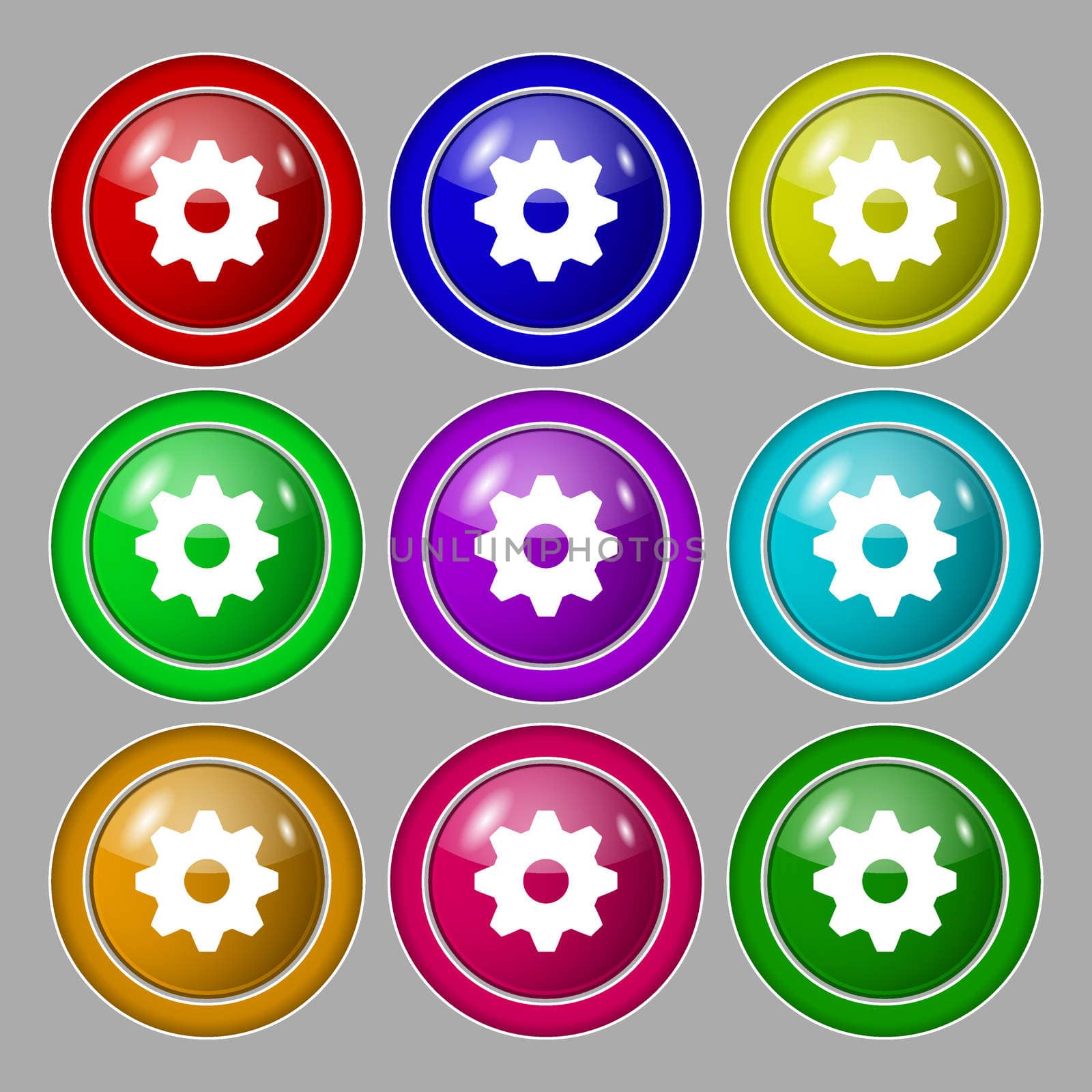 Cog settings sign icon. Cogwheel gear mechanism symbol. Symbol on nine round colourful buttons.  by serhii_lohvyniuk