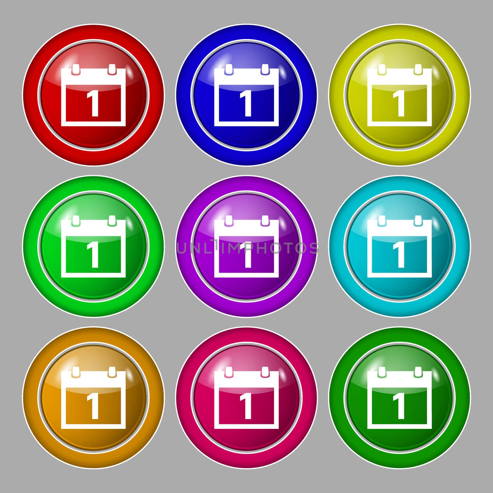 Calendar sign icon. 1 day month symbol. Date button. Symbol on nine round colourful buttons. illustration