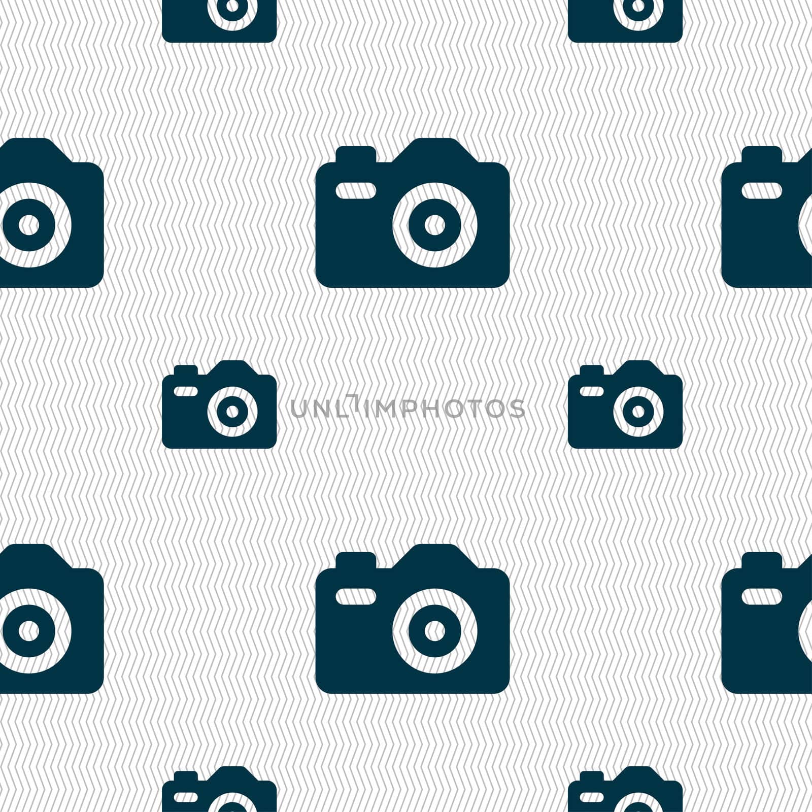 Photo Camera icon sign. Seamless pattern with geometric texture. illustration