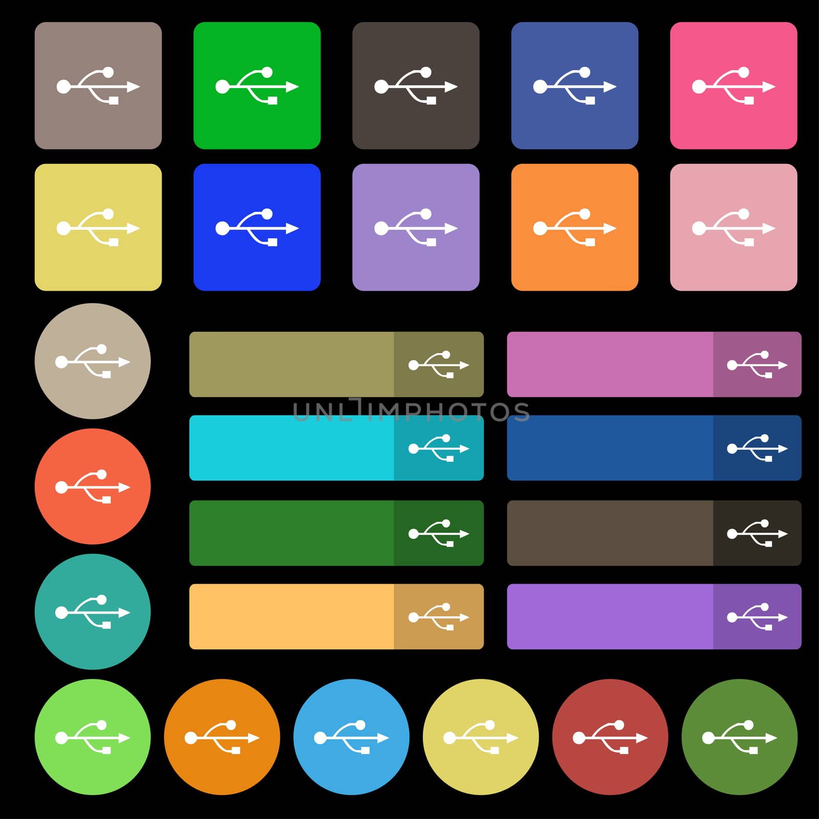 USB icon sign. Set from twenty seven multicolored flat buttons.  by serhii_lohvyniuk