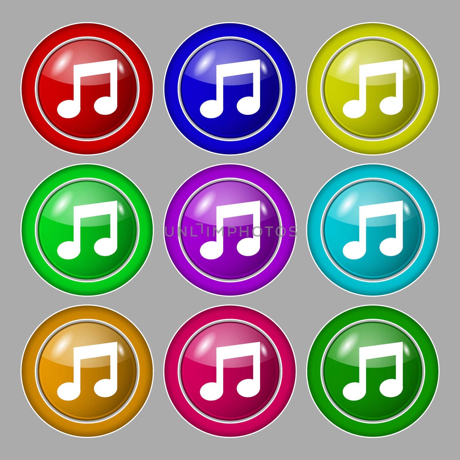 Music note sign icon. Musical symbol. Symbol on nine round colourful buttons. illustration