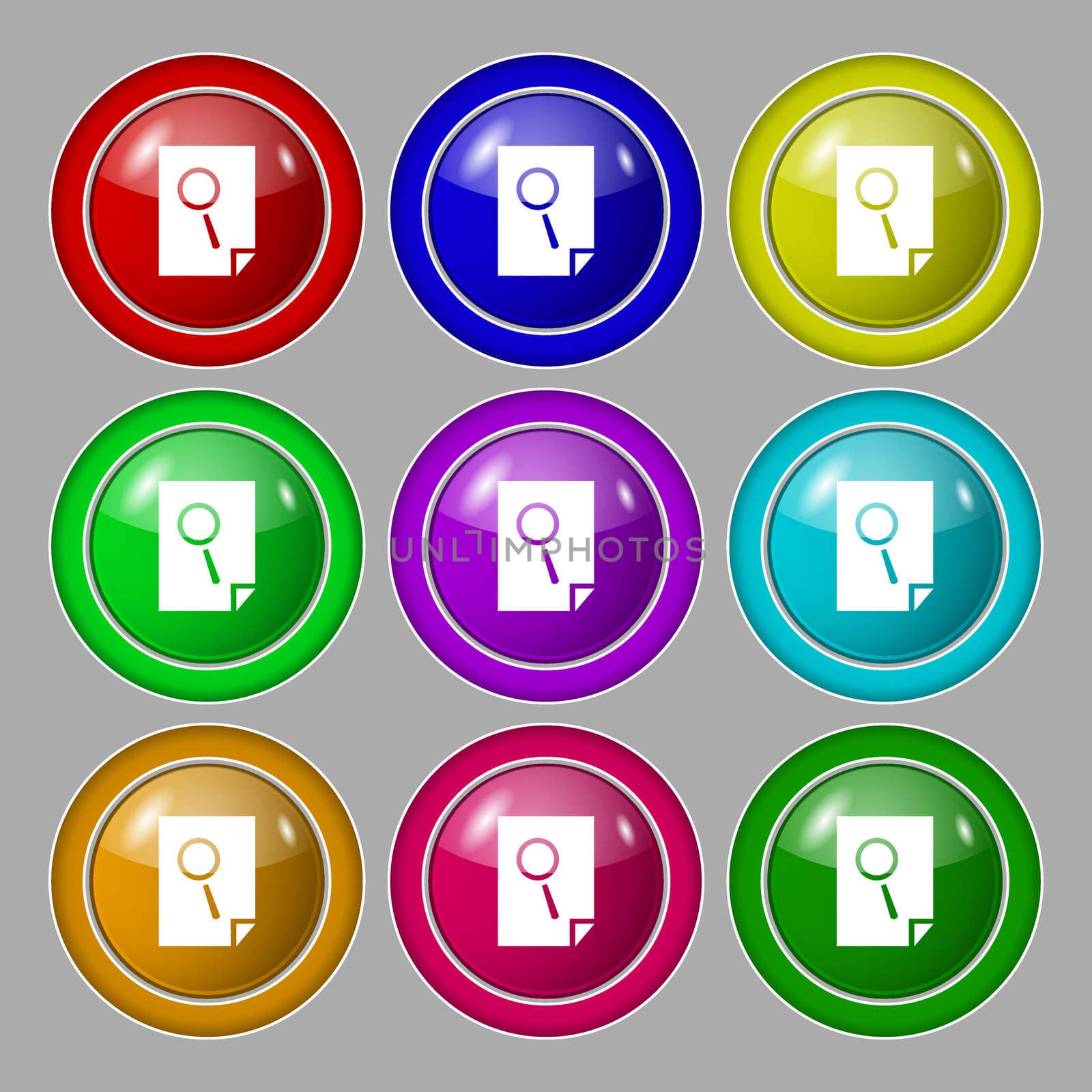 Search in file sign icon. Find in document symbol. Symbol on nine round colourful buttons. illustration