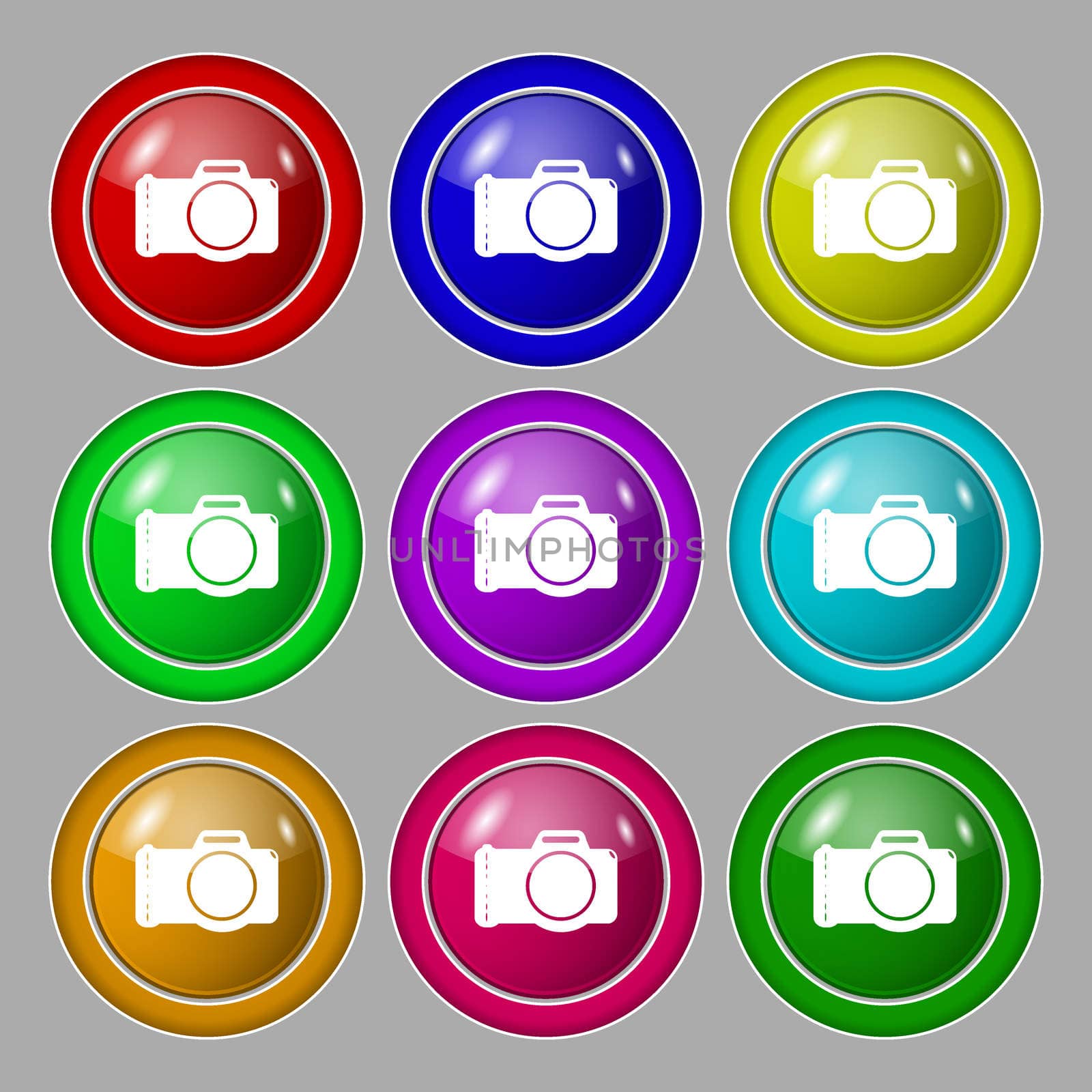 Photo camera sign icon. Digital photo camera symbol. Symbol on nine round colourful buttons. illustration