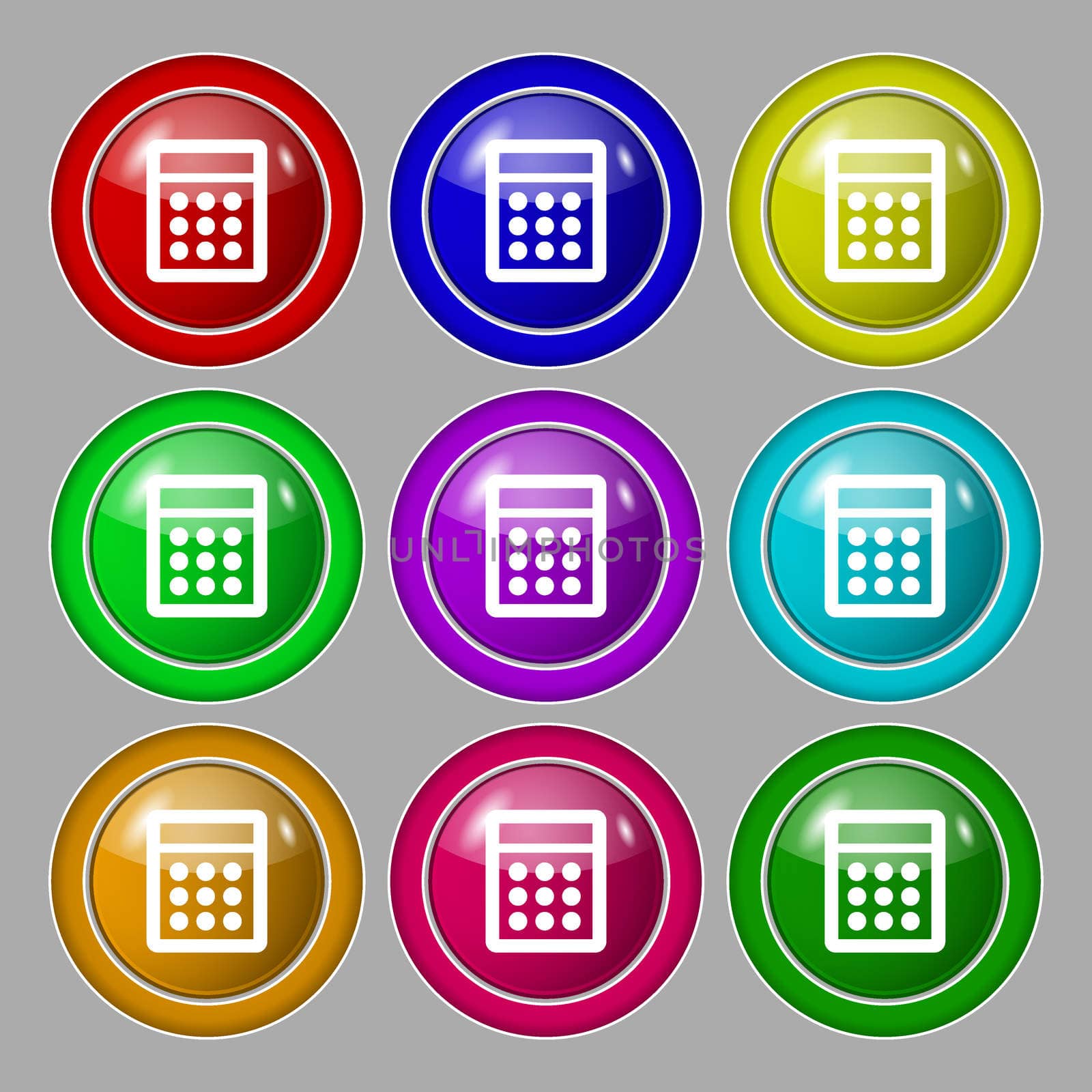 Calculator sign icon. Bookkeeping symbol. Symbol on nine round colourful buttons. illustration