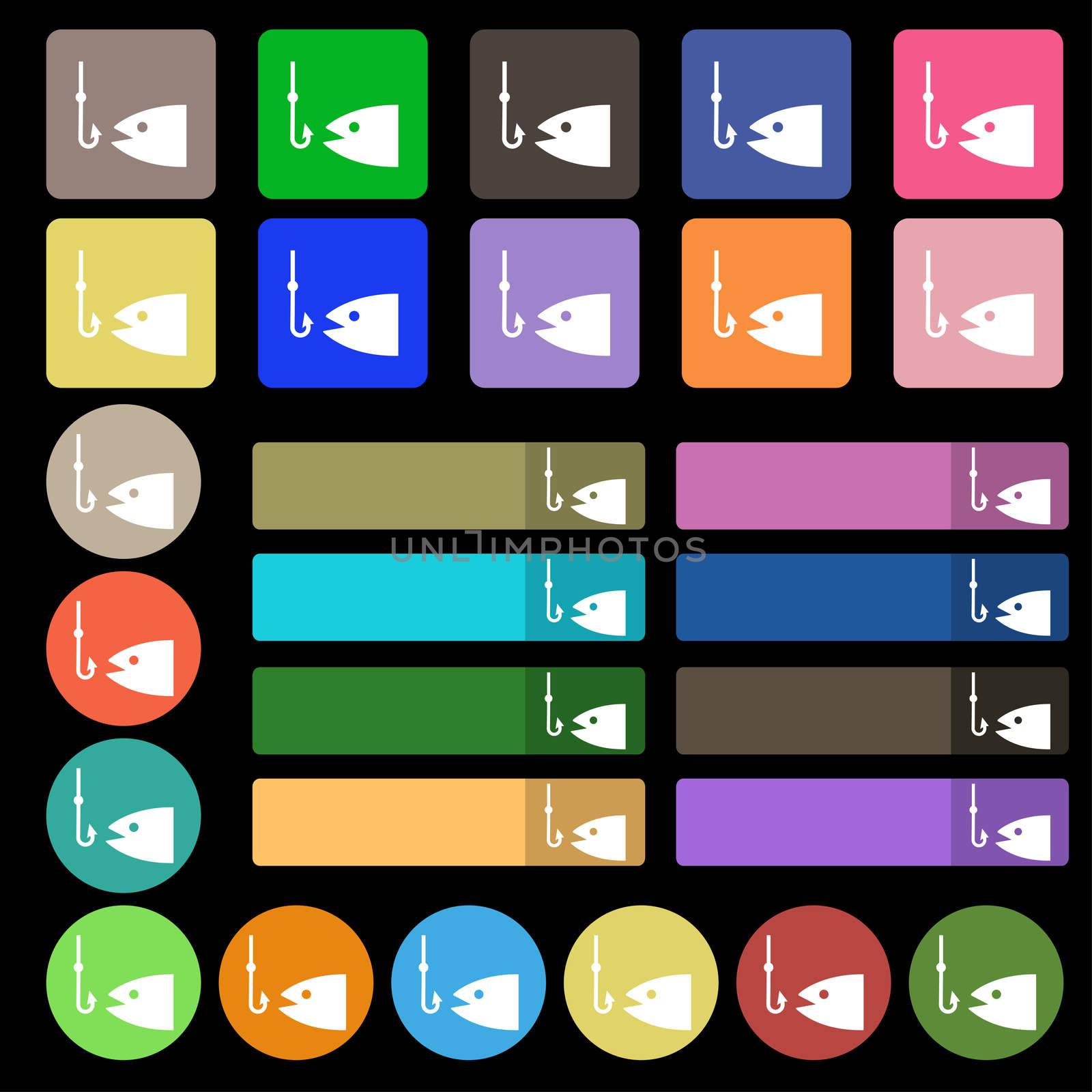 Fishing icon sign. Set from twenty seven multicolored flat buttons.  by serhii_lohvyniuk