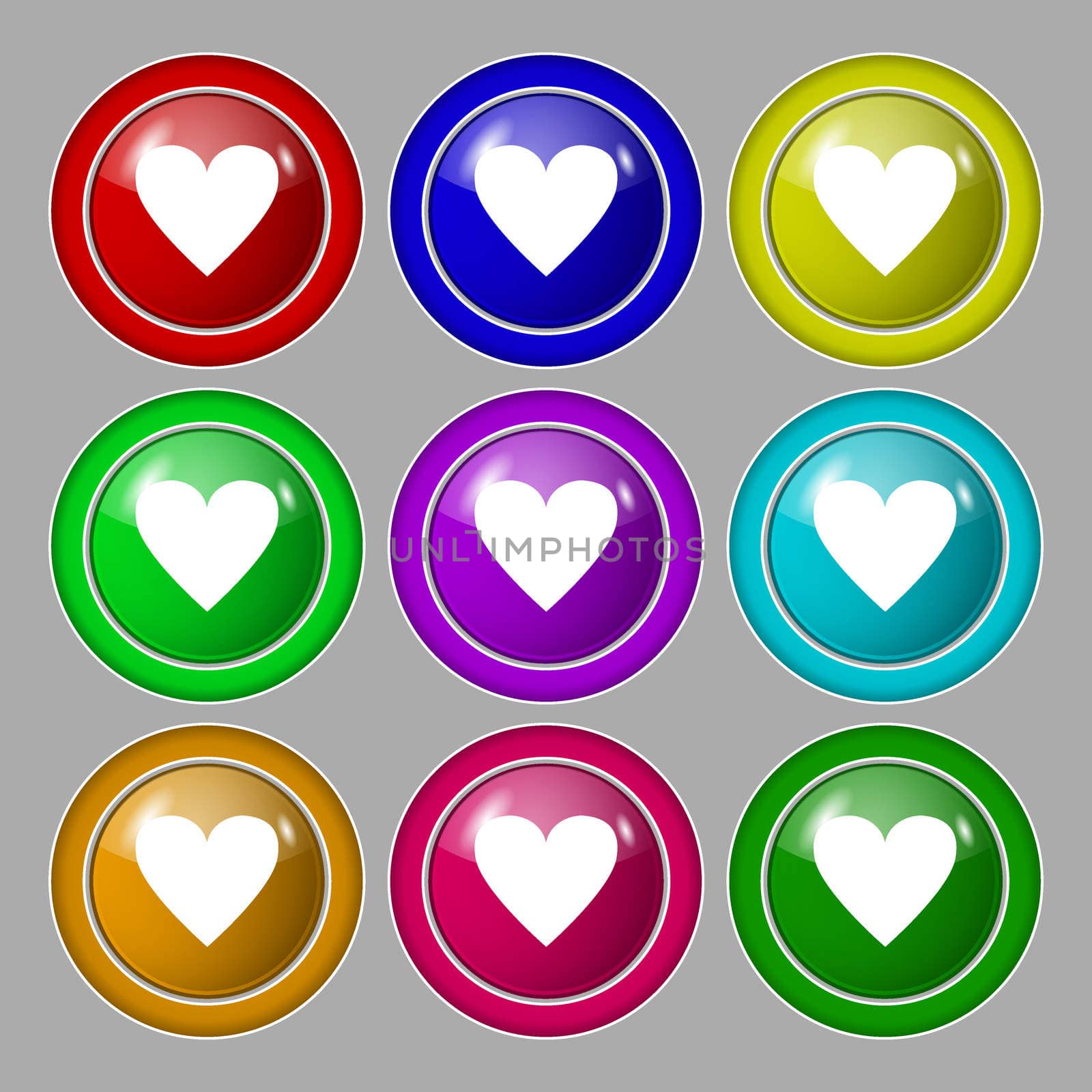 Heart sign icon. Love symbol. Symbol on nine round colourful buttons. illustration