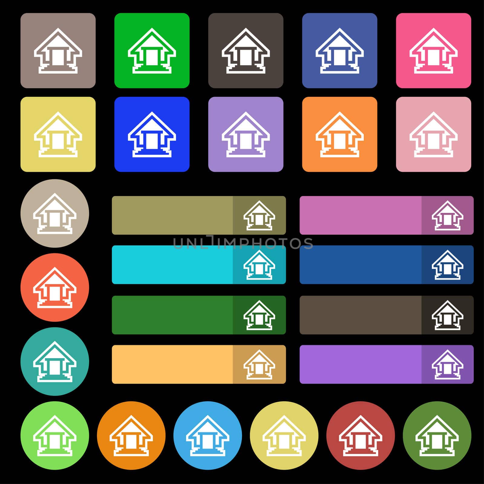 House icon sign. Set from twenty seven multicolored flat buttons. illustration
