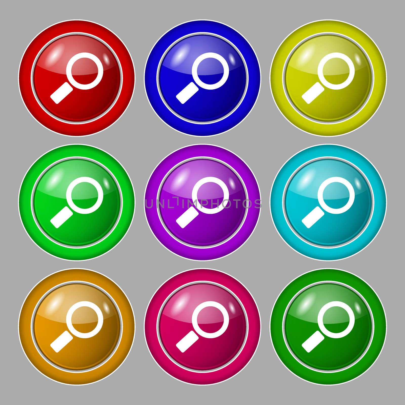 Magnifier glass sign icon. Zoom tool button. Navigation search symbol. Symbol on nine round colourful buttons. illustration