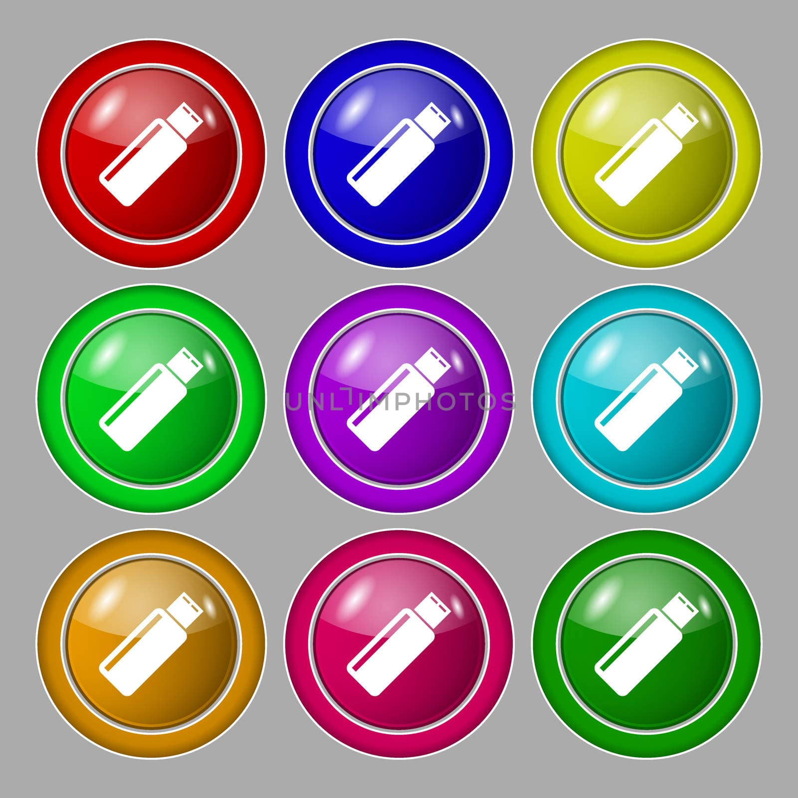 Usb sign icon. Usb flash drive stick symbol. Symbol on nine round colourful buttons. illustration