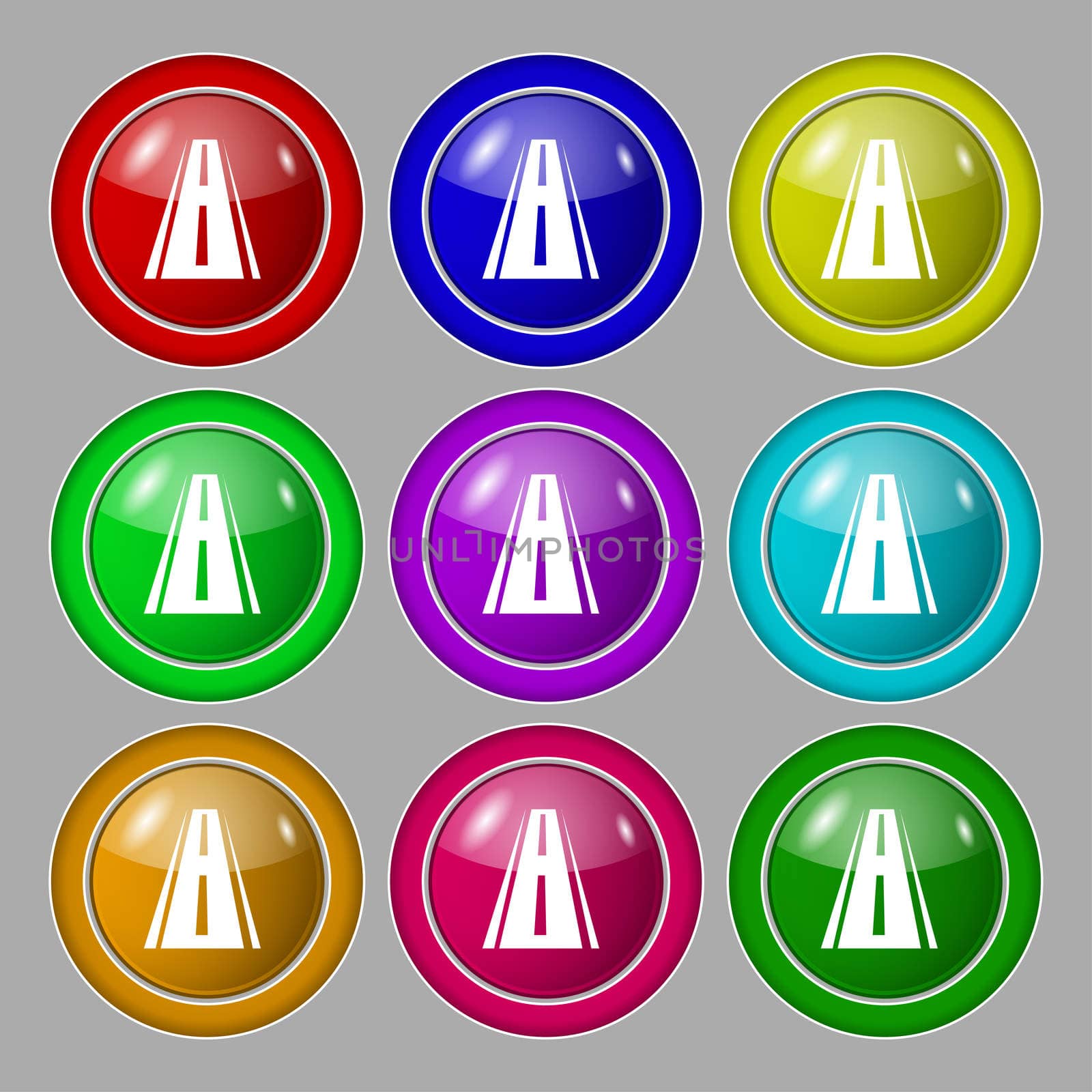 Road icon sign. symbol on nine round colourful buttons. illustration