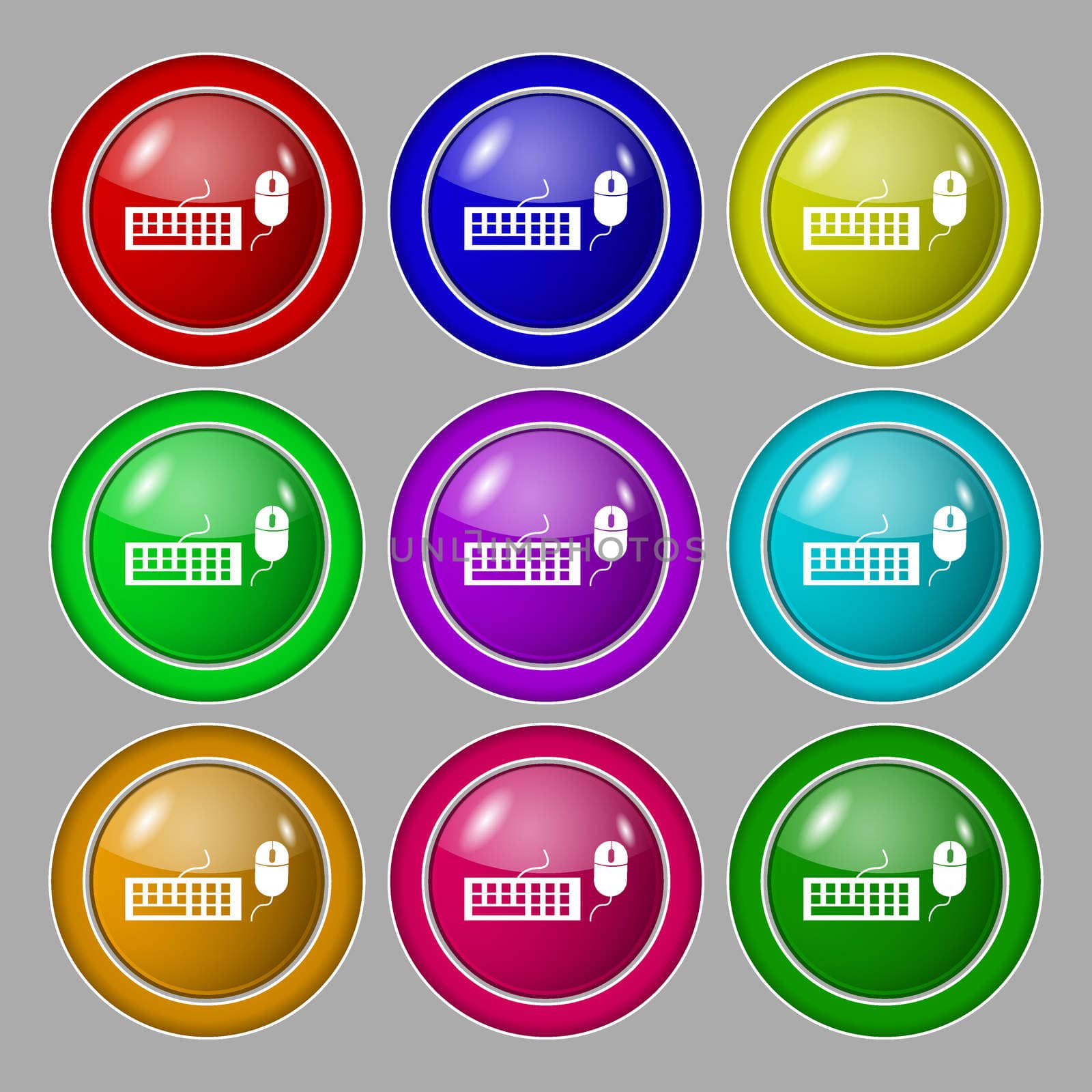 Computer keyboard and mouse Icon. Symbol on nine round colourful buttons.  by serhii_lohvyniuk