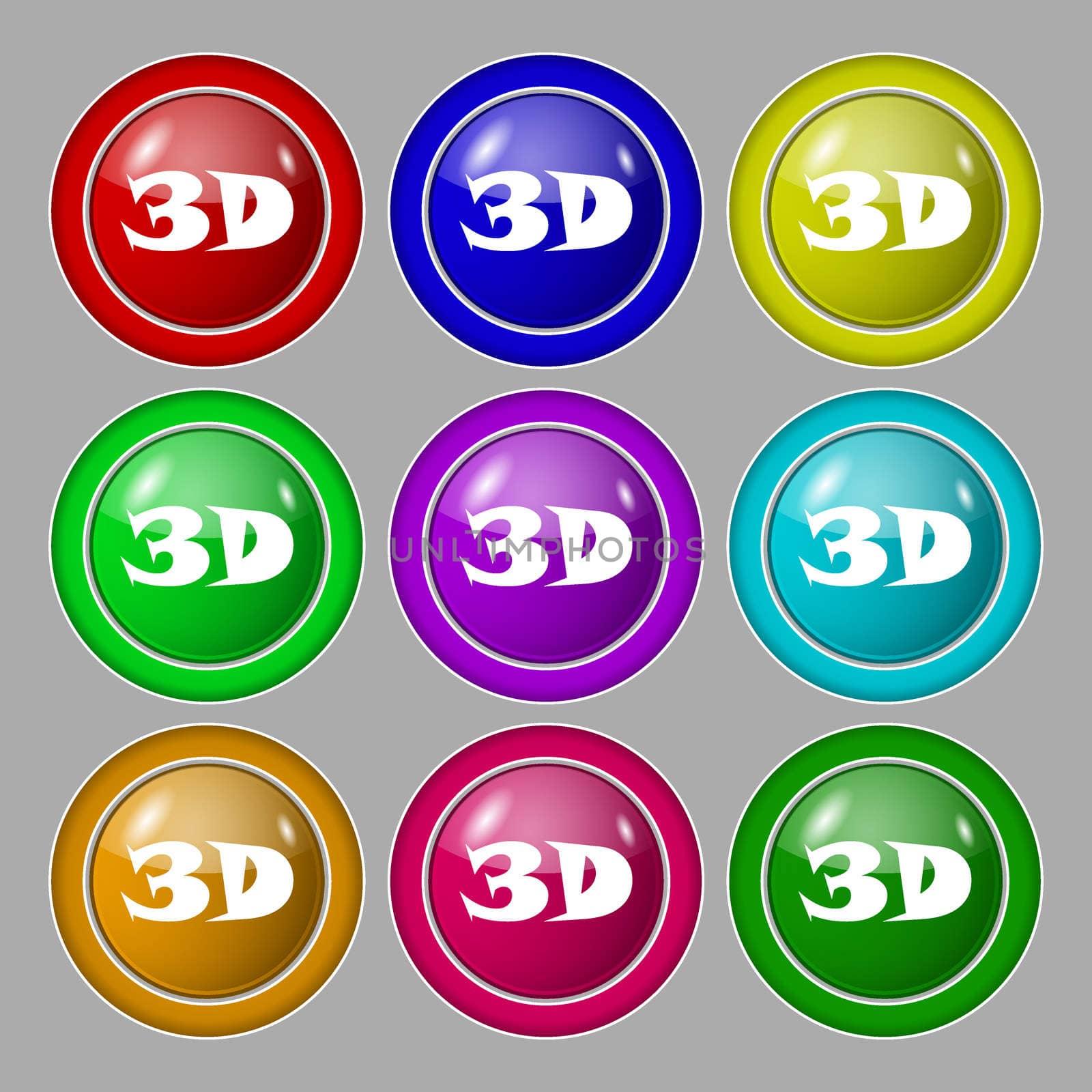 3D sign icon. 3D New technology symbol. Symbol on nine round colourful buttons. illustration