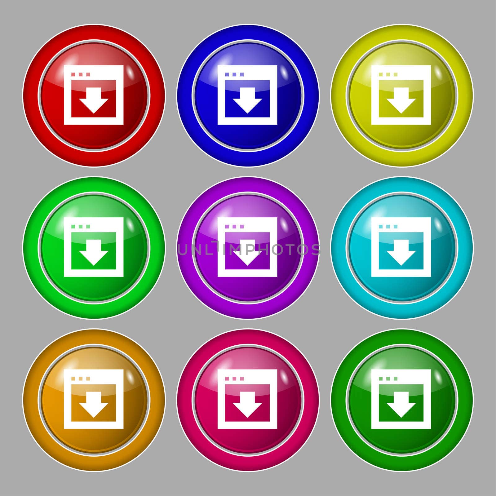 Arrow down, Download, Load, Backup icon sign. symbol on nine round colourful buttons. illustration