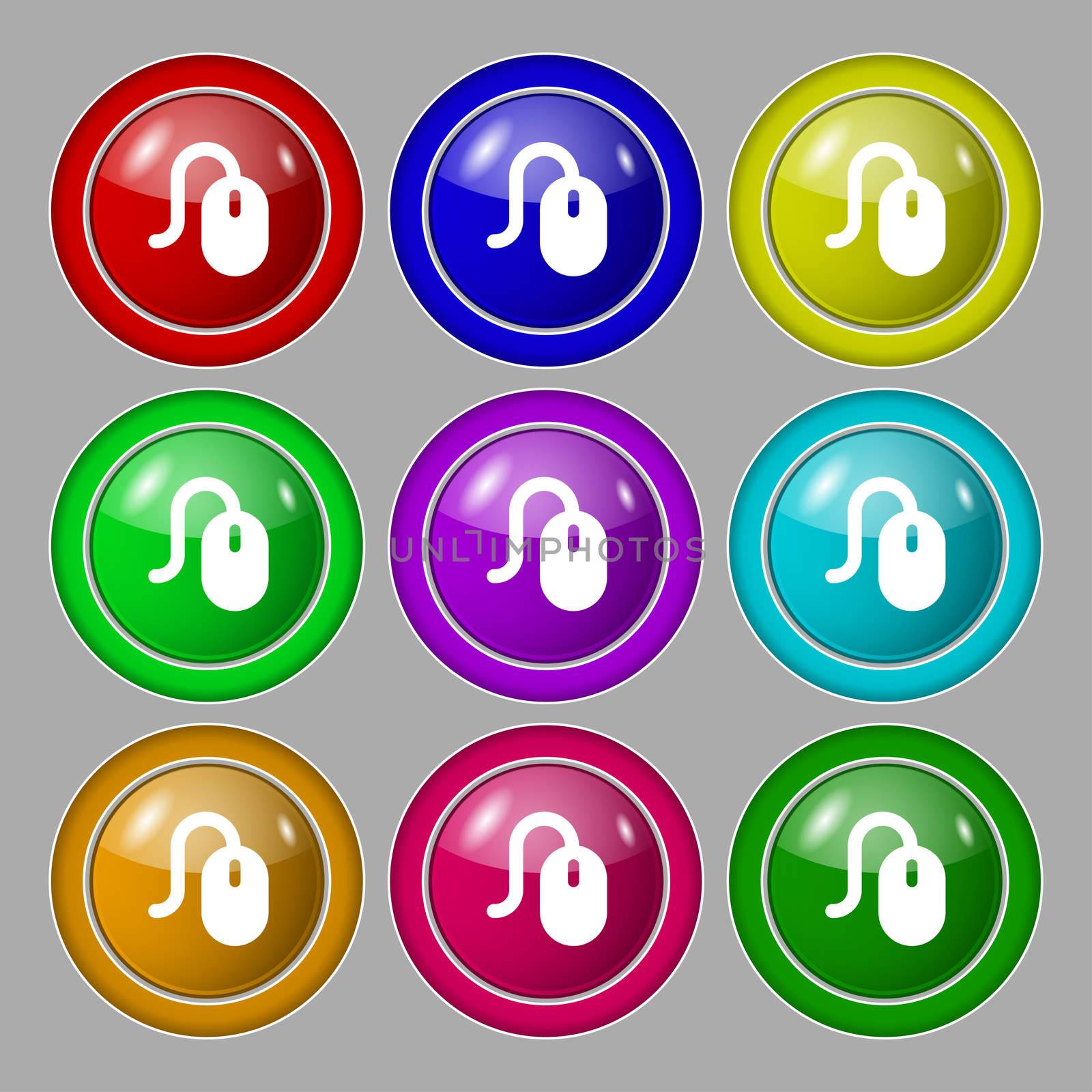 Computer mouse icon sign. symbol on nine round colourful buttons. illustration