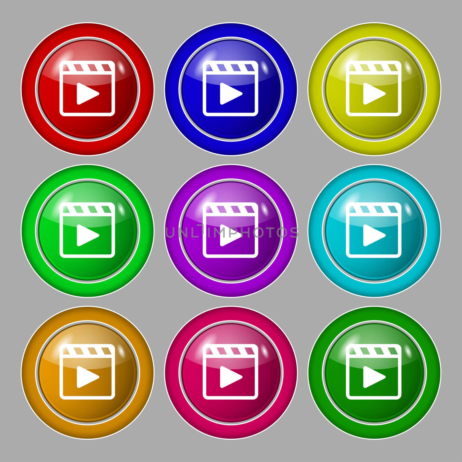 Play video icon sign. symbol on nine round colourful buttons. illustration