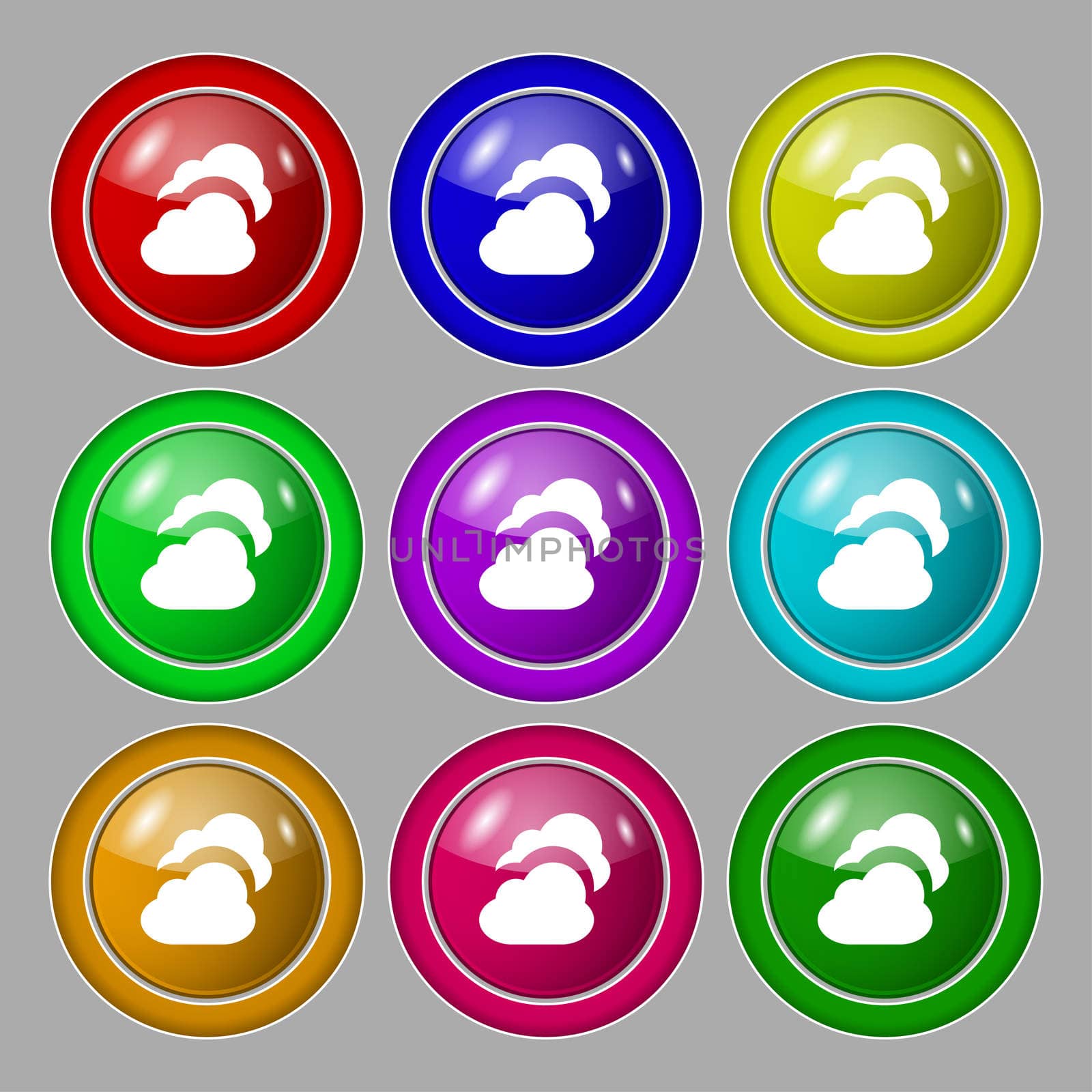Cloud icon sign. symbol on nine round colourful buttons. illustration