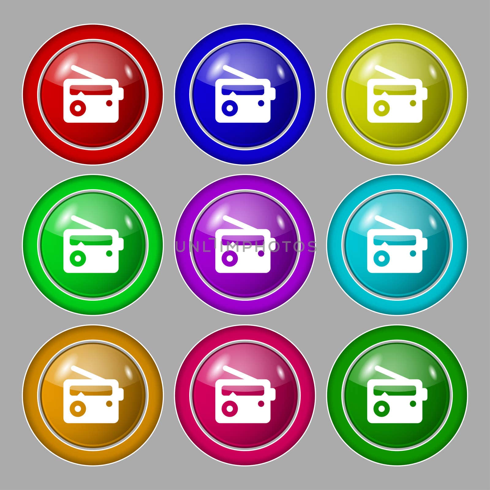 Retro Radio icon sign. symbol on nine round colourful buttons.  by serhii_lohvyniuk