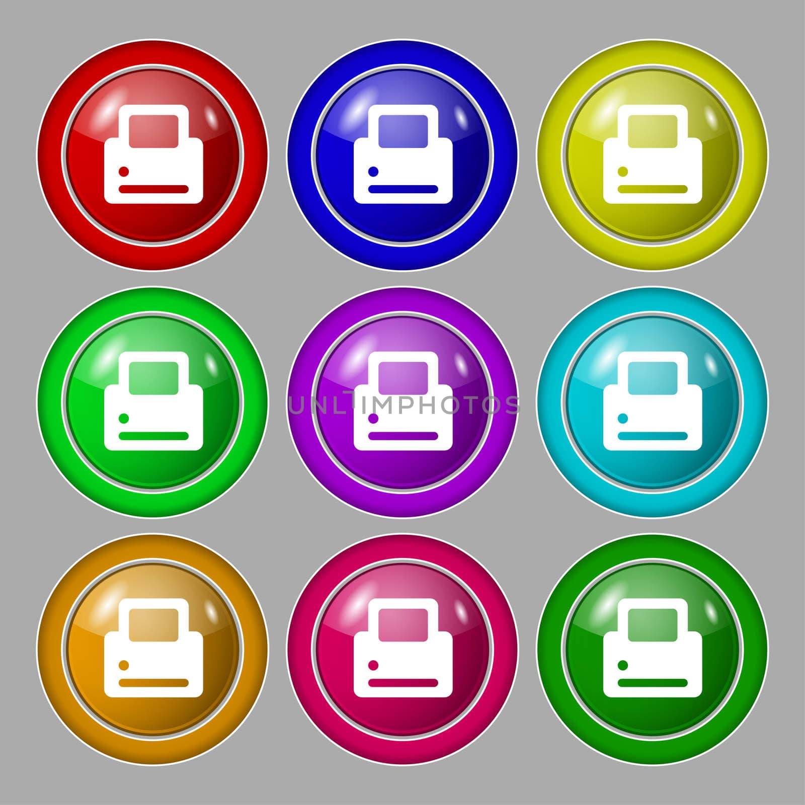 Printing icon sign. symbol on nine round colourful buttons. illustration