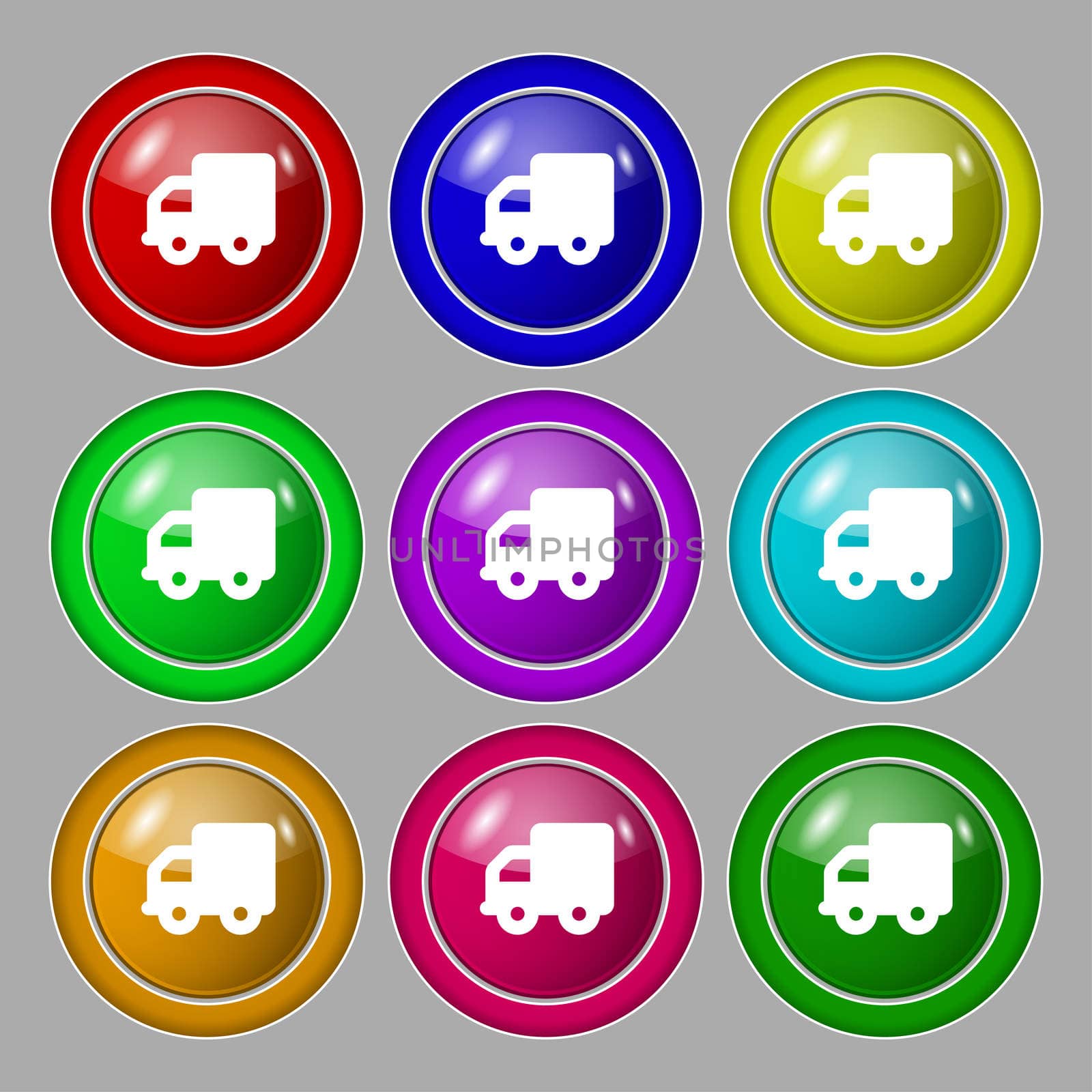 Delivery truck icon sign. symbol on nine round colourful buttons. illustration