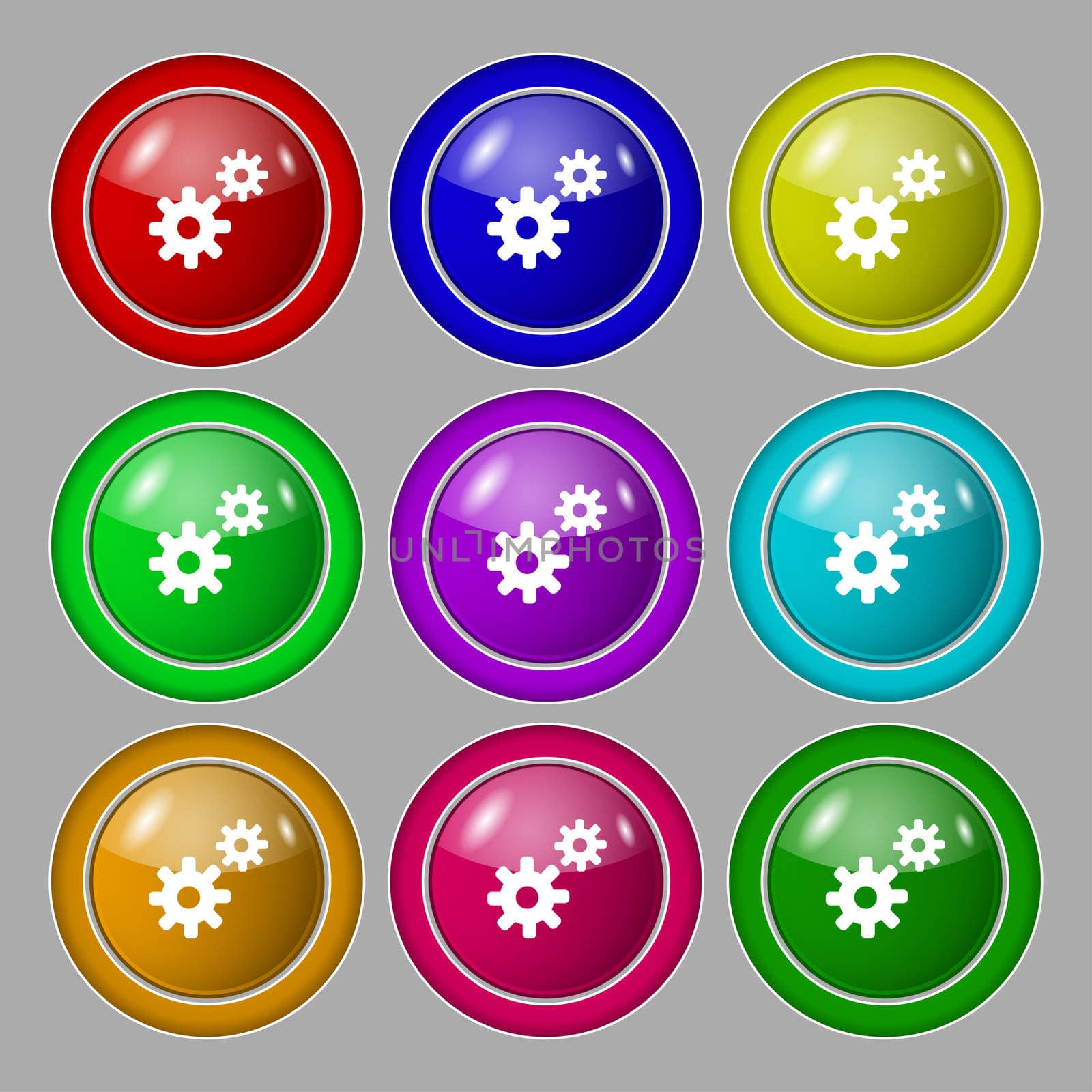 Cog settings, Cogwheel gear mechanism icon sign. symbol on nine round colourful buttons. illustration