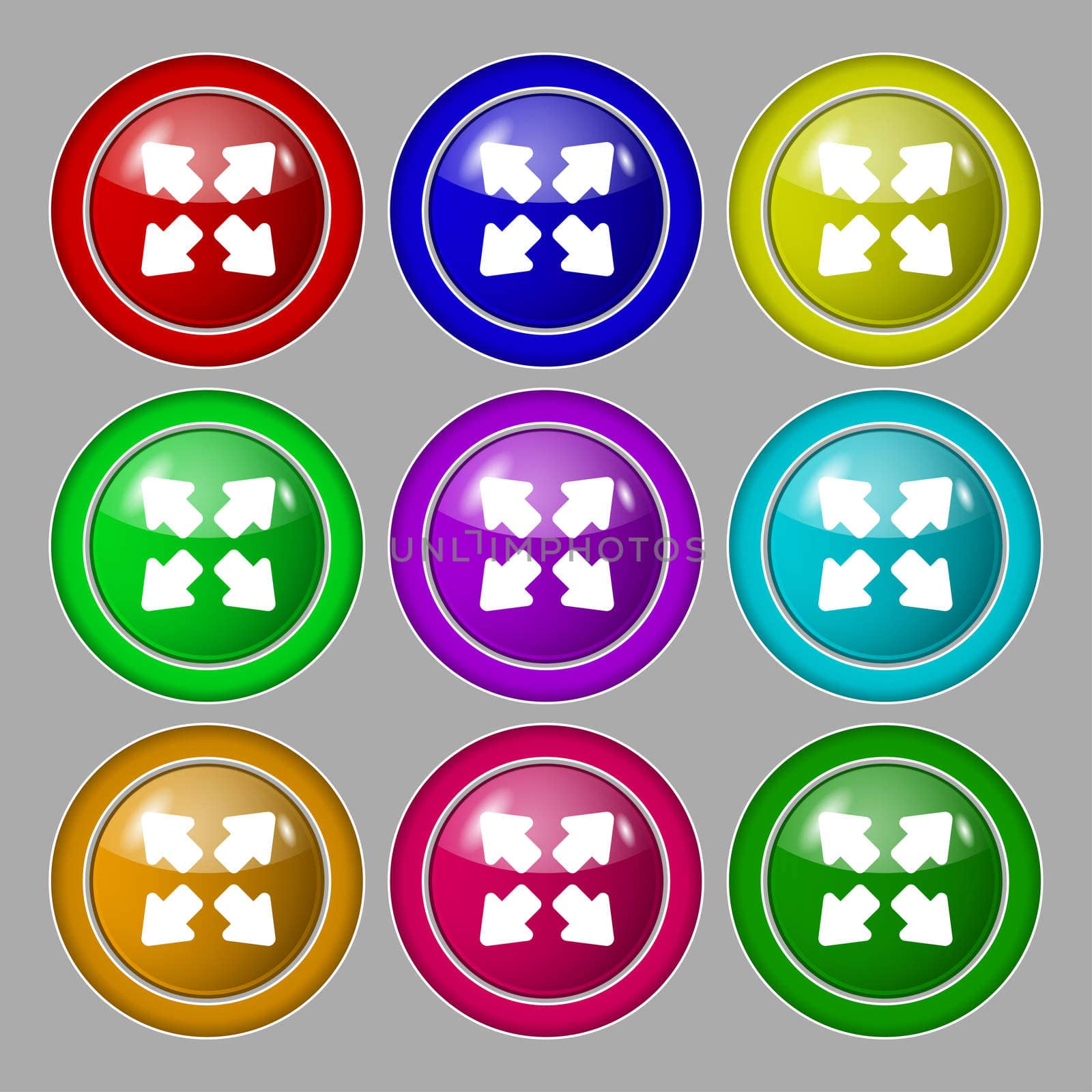 Deploying video, screen size icon sign. symbol on nine round colourful buttons. illustration