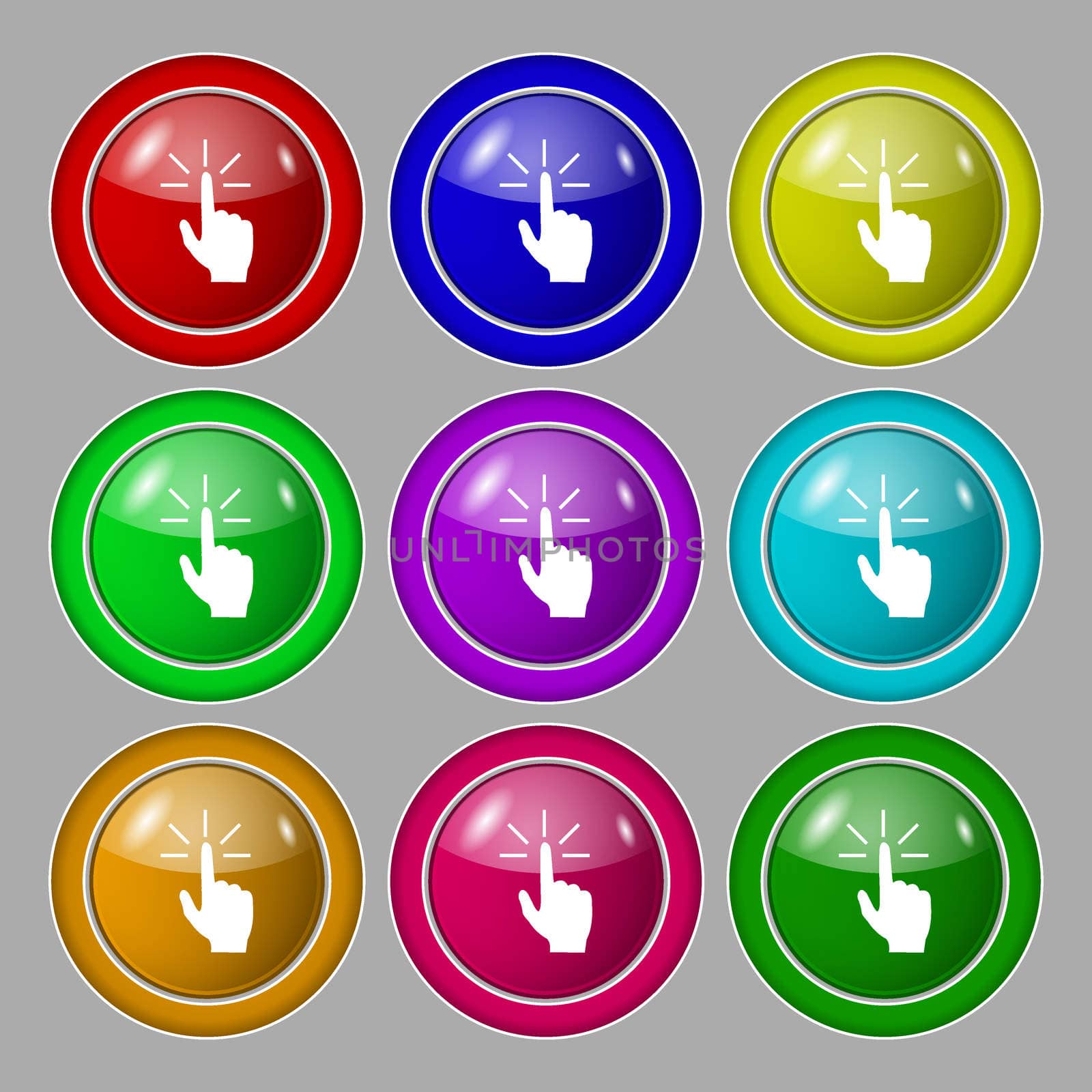 Click here hand icon sign. Symbol on nine round colourful buttons. illustration