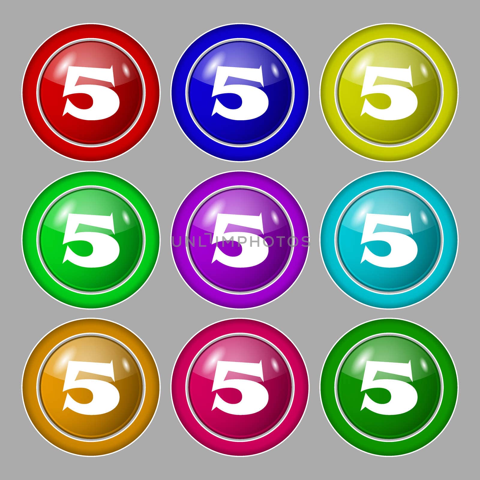 number five icon sign. Symbol on nine round colourful buttons. illustration