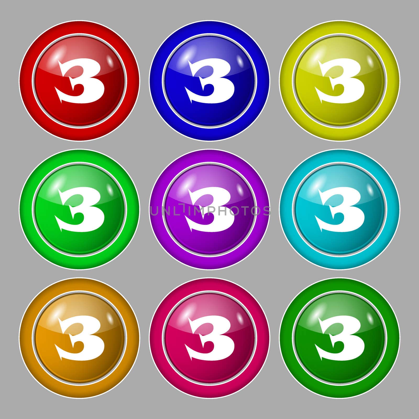 Third place award sign. Winner symbol. Step three. Symbol on nine round colourful buttons.  by serhii_lohvyniuk