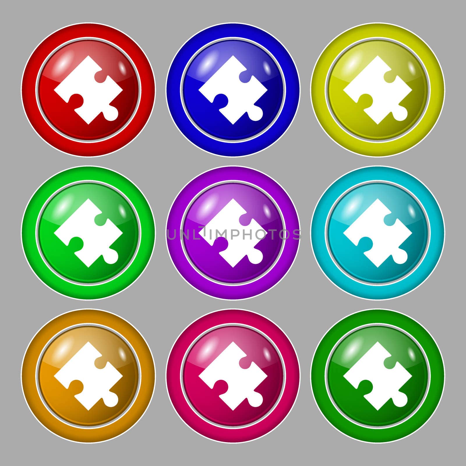 Puzzle piece icon sign. Symbol on nine round colourful buttons.  by serhii_lohvyniuk