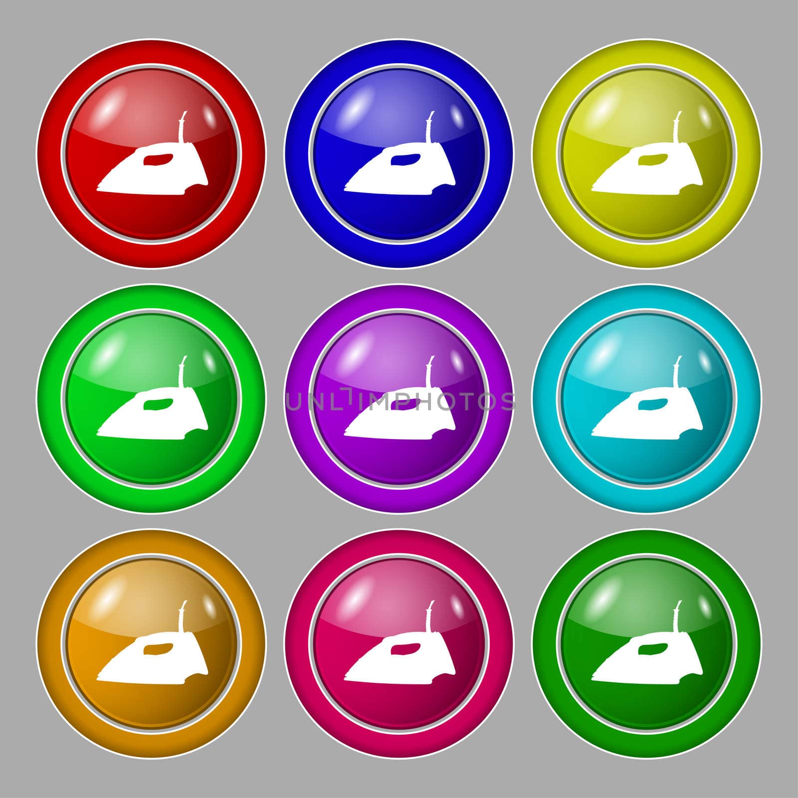 Iron icon sign. symbol on nine round colourful buttons.  by serhii_lohvyniuk