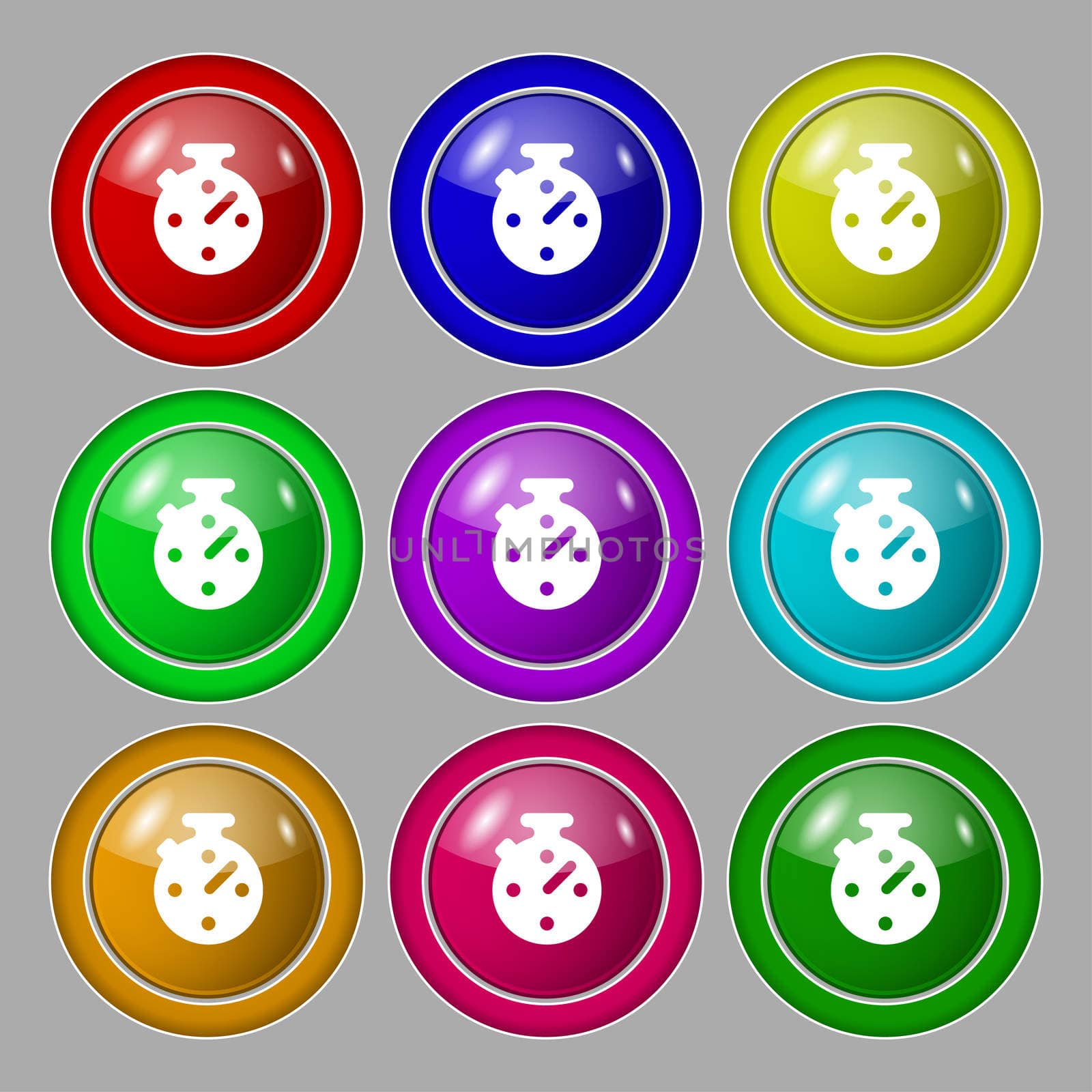 Timer, stopwatch icon sign. symbol on nine round colourful buttons. illustration