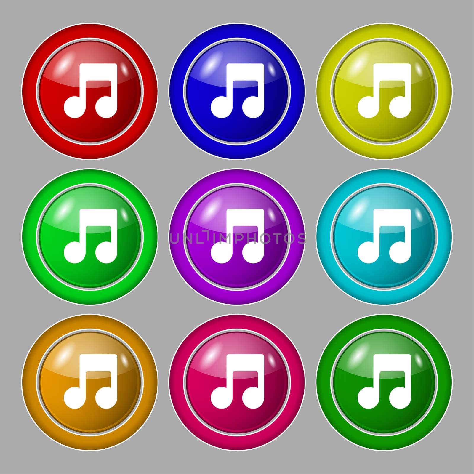 Music note icon sign. symbol on nine round colourful buttons.  by serhii_lohvyniuk