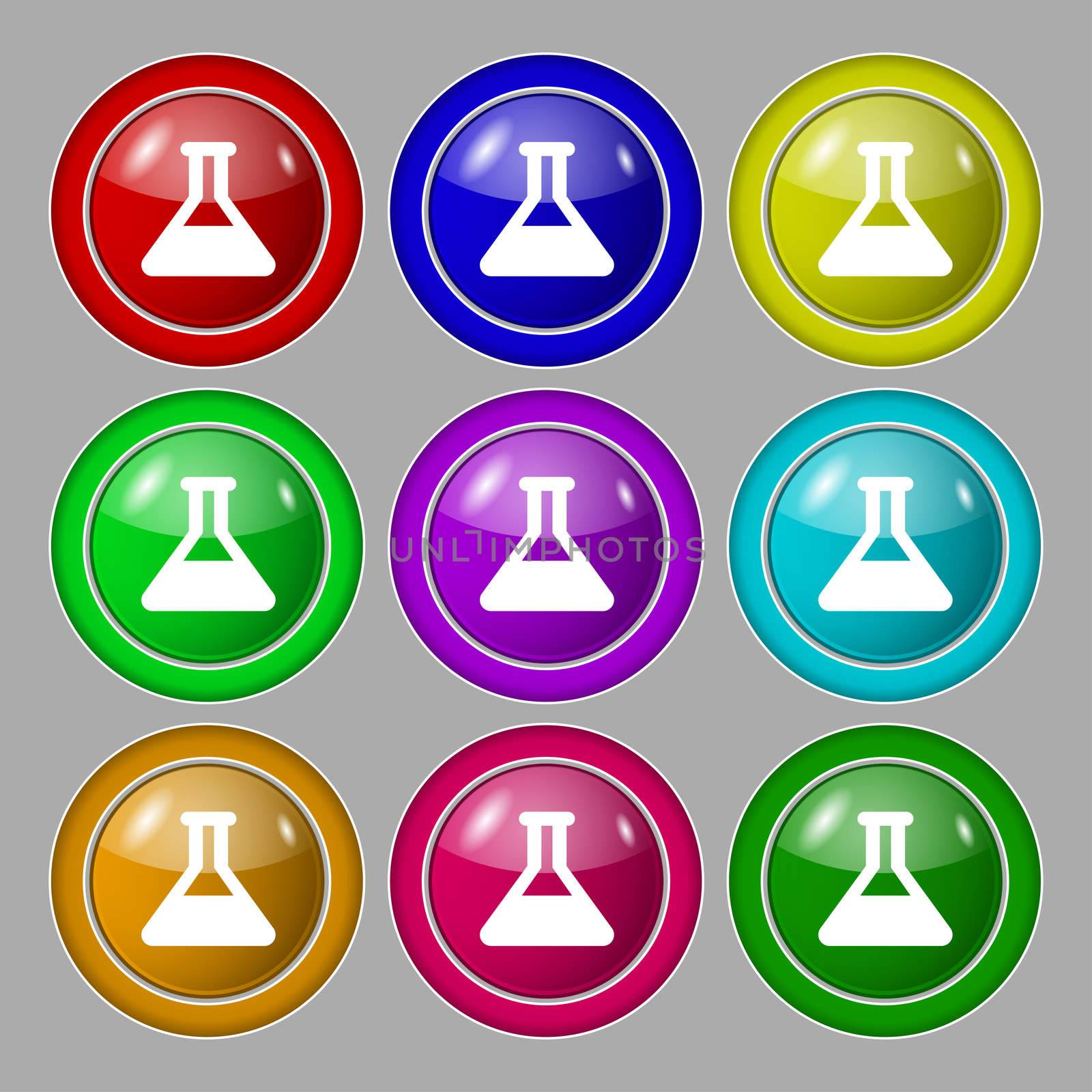 Conical Flask icon sign. symbol on nine round colourful buttons. illustration