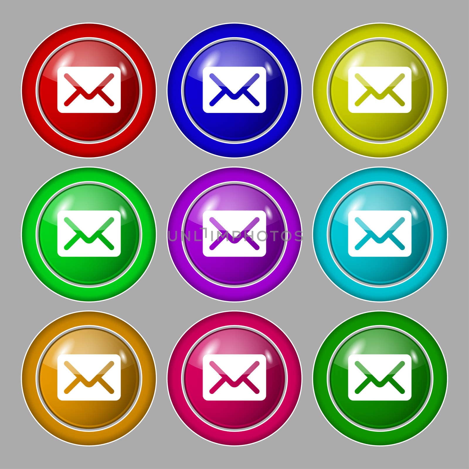 Mail, envelope, letter icon sign. symbol on nine round colourful buttons.  by serhii_lohvyniuk