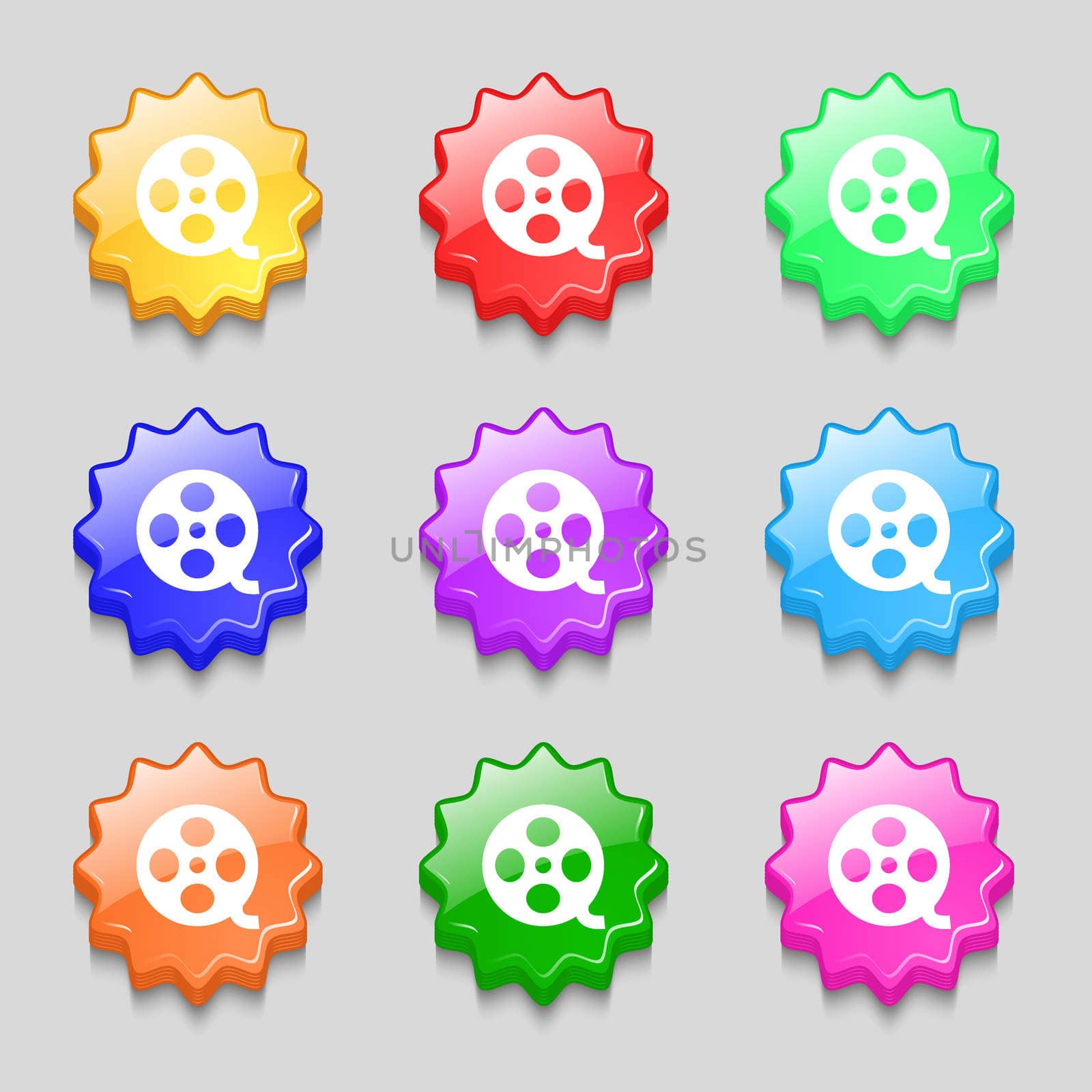 Video sign icon. frame symbol. Symbols on nine wavy colourful buttons.  by serhii_lohvyniuk