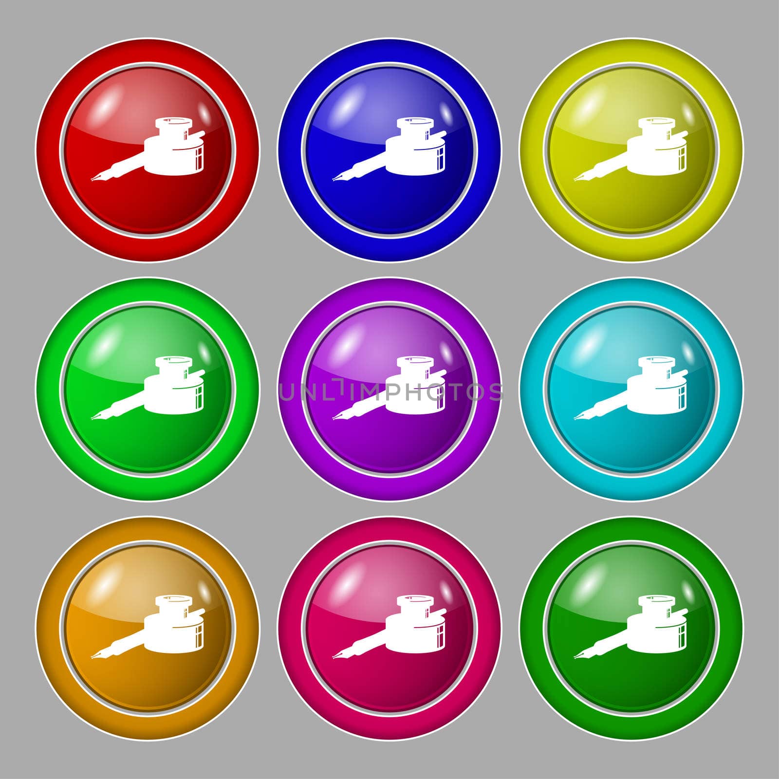 pen and ink icon sign. symbol on nine round colourful buttons.  by serhii_lohvyniuk