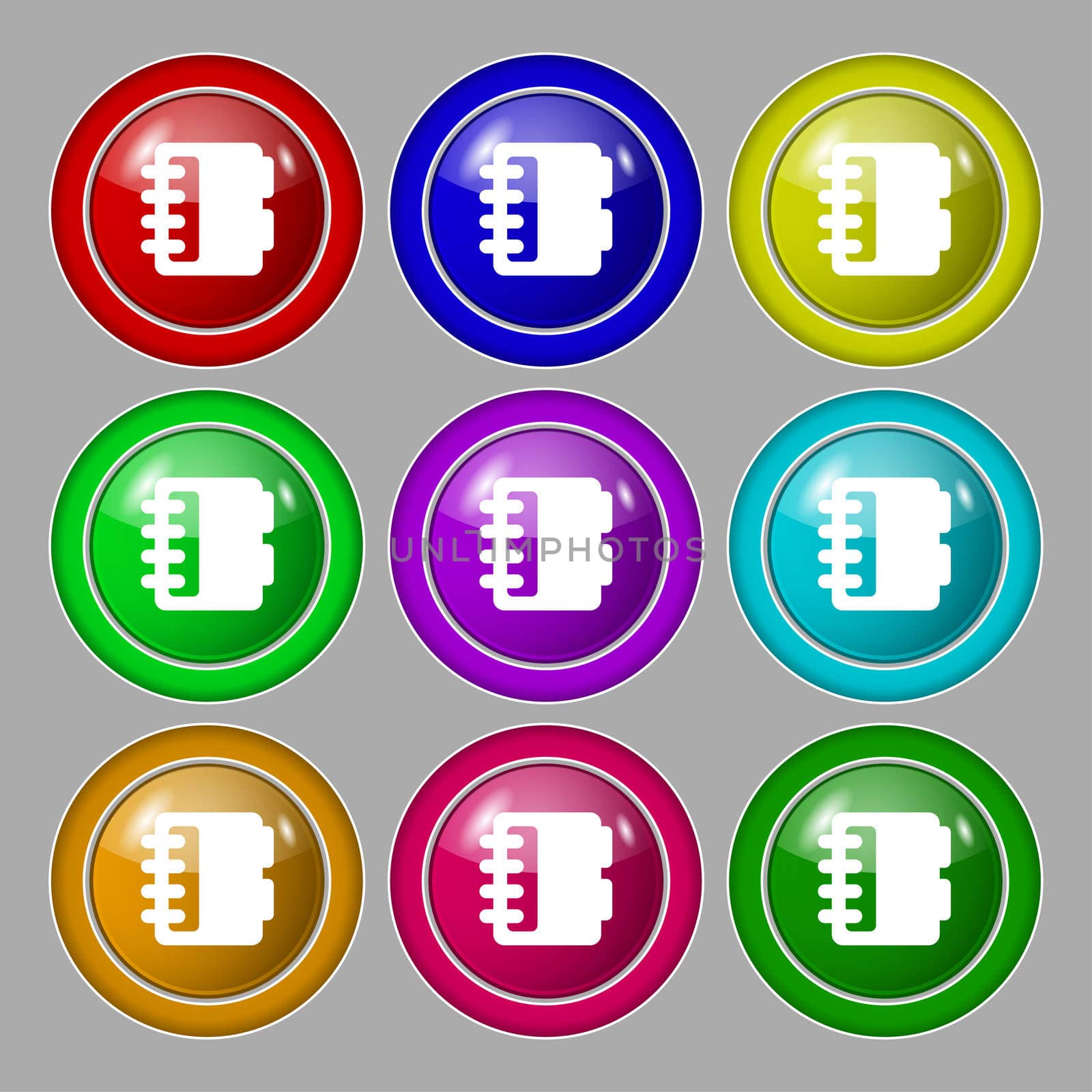 Notepad, calendar icon sign. symbol on nine round colourful buttons.  by serhii_lohvyniuk