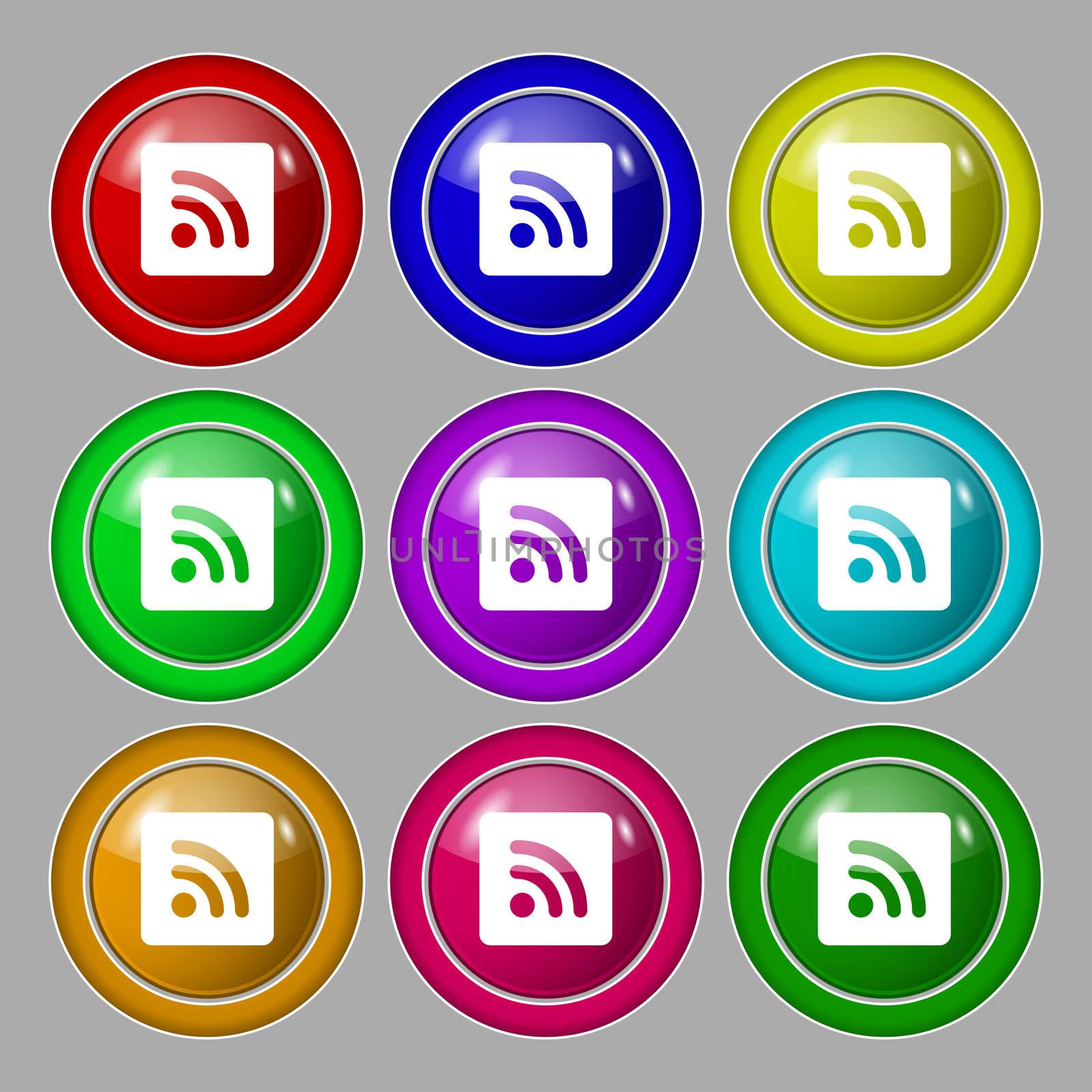 RSS feed icon sign. symbol on nine round colourful buttons. illustration
