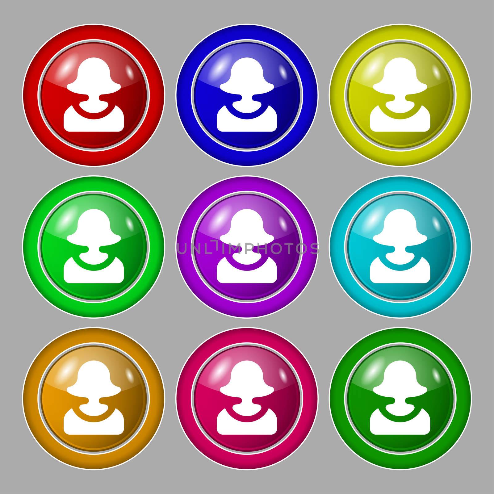 female silhouette icon sign. symbol on nine round colourful buttons.  by serhii_lohvyniuk