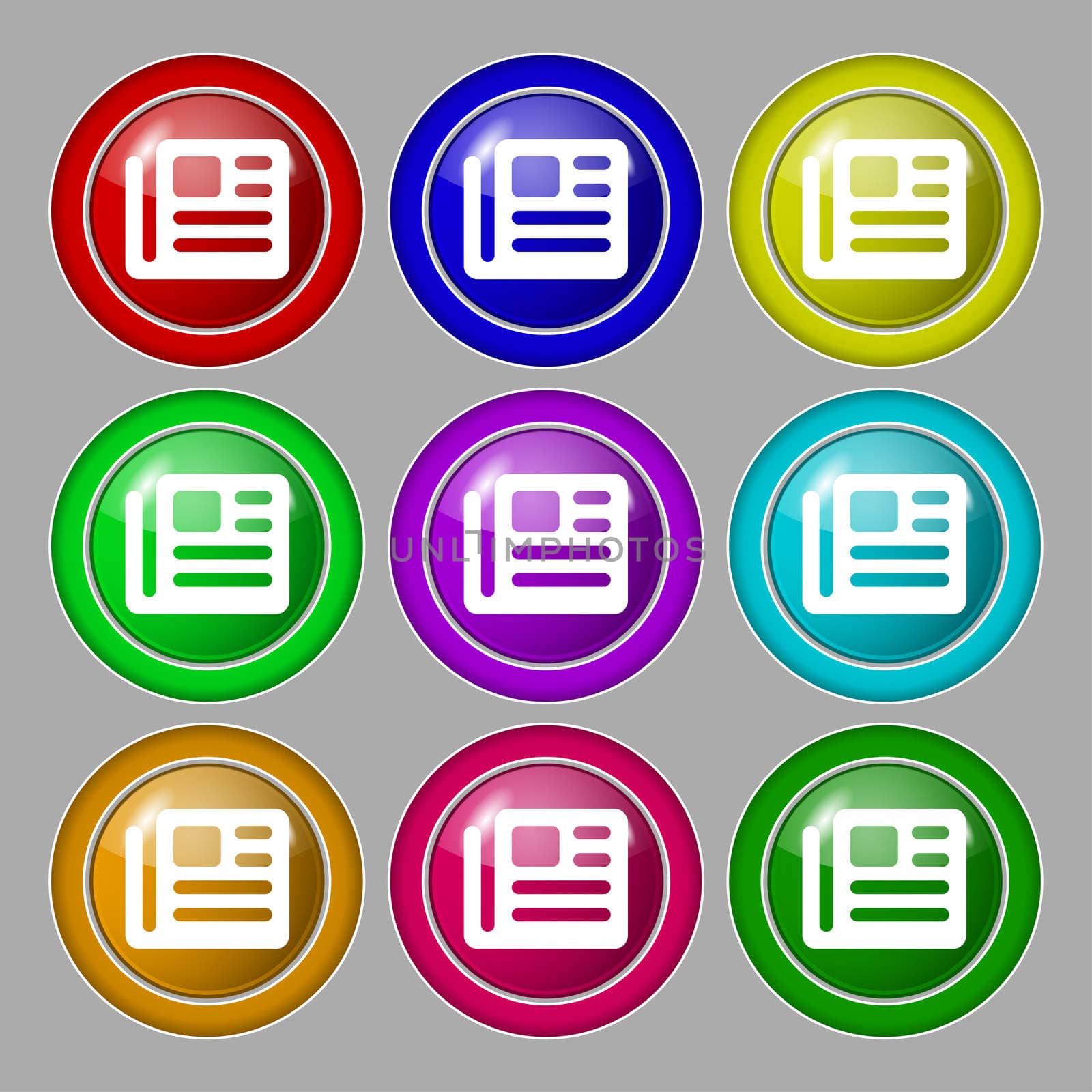 book, newspaper icon sign. symbol on nine round colourful buttons.  by serhii_lohvyniuk