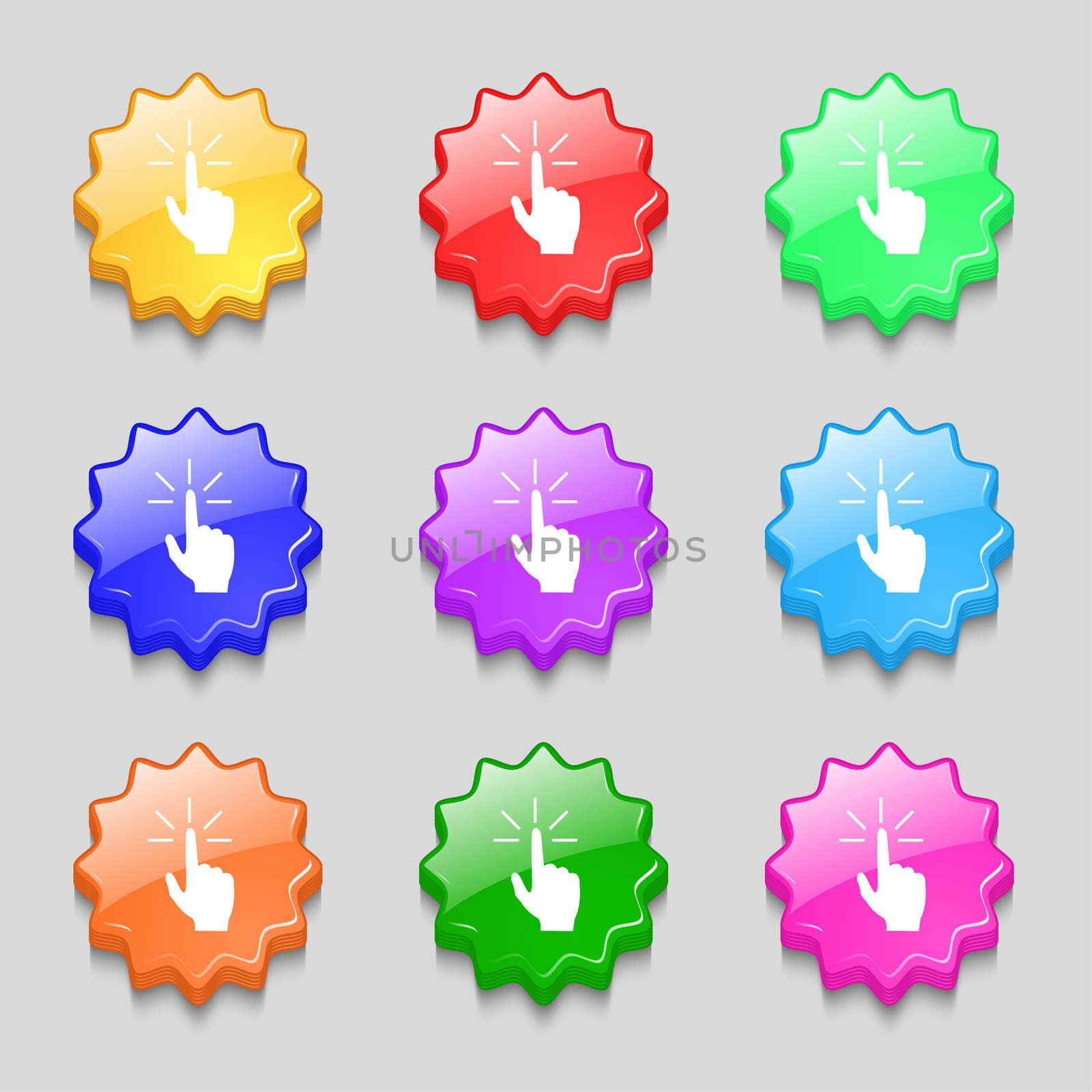 Click here hand icon sign. symbol on nine wavy colourful buttons. illustration