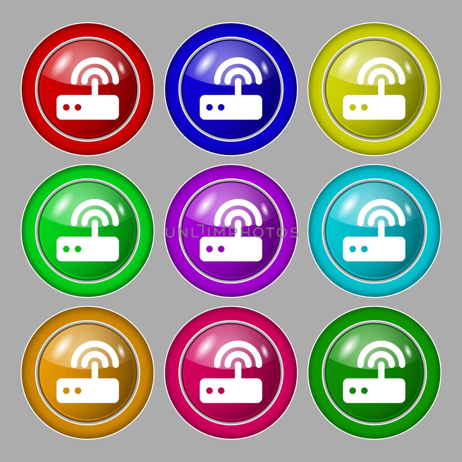Wi fi router icon sign. symbol on nine round colourful buttons. illustration