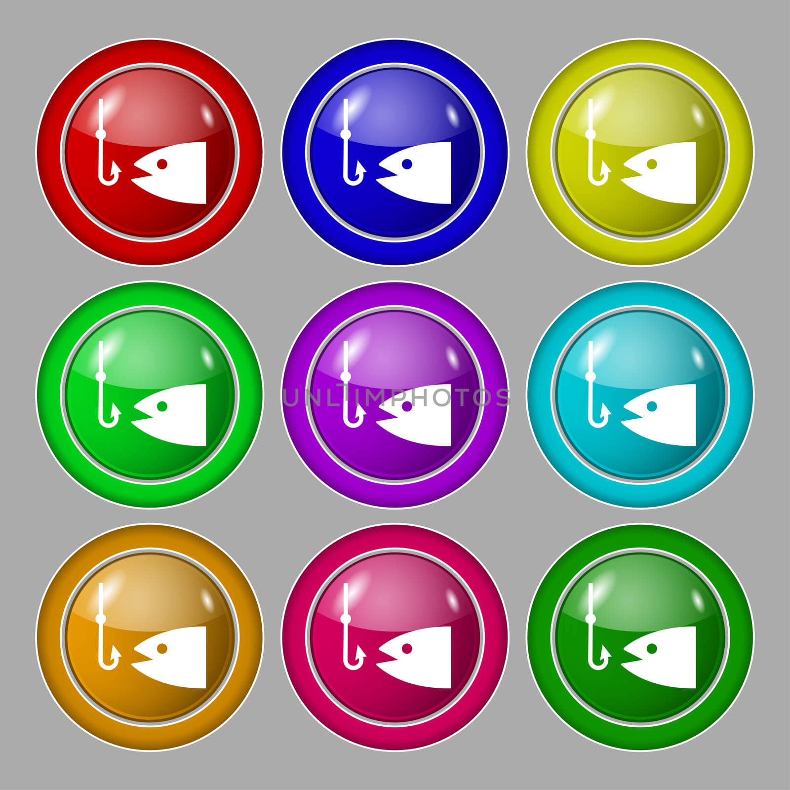 Fishing icon sign. symbol on nine round colourful buttons.  by serhii_lohvyniuk