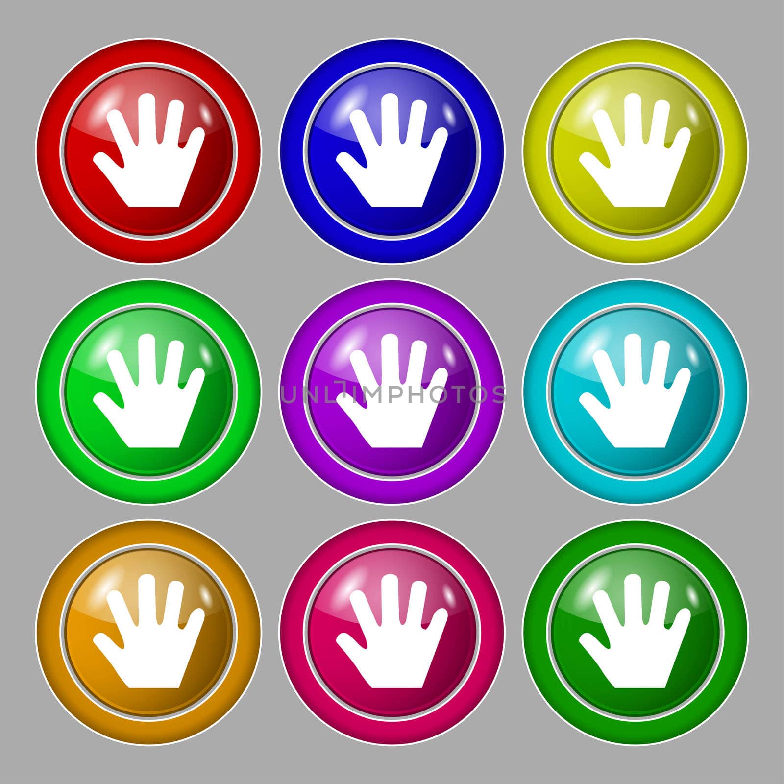 Hand icon sign. symbol on nine round colourful buttons.  by serhii_lohvyniuk